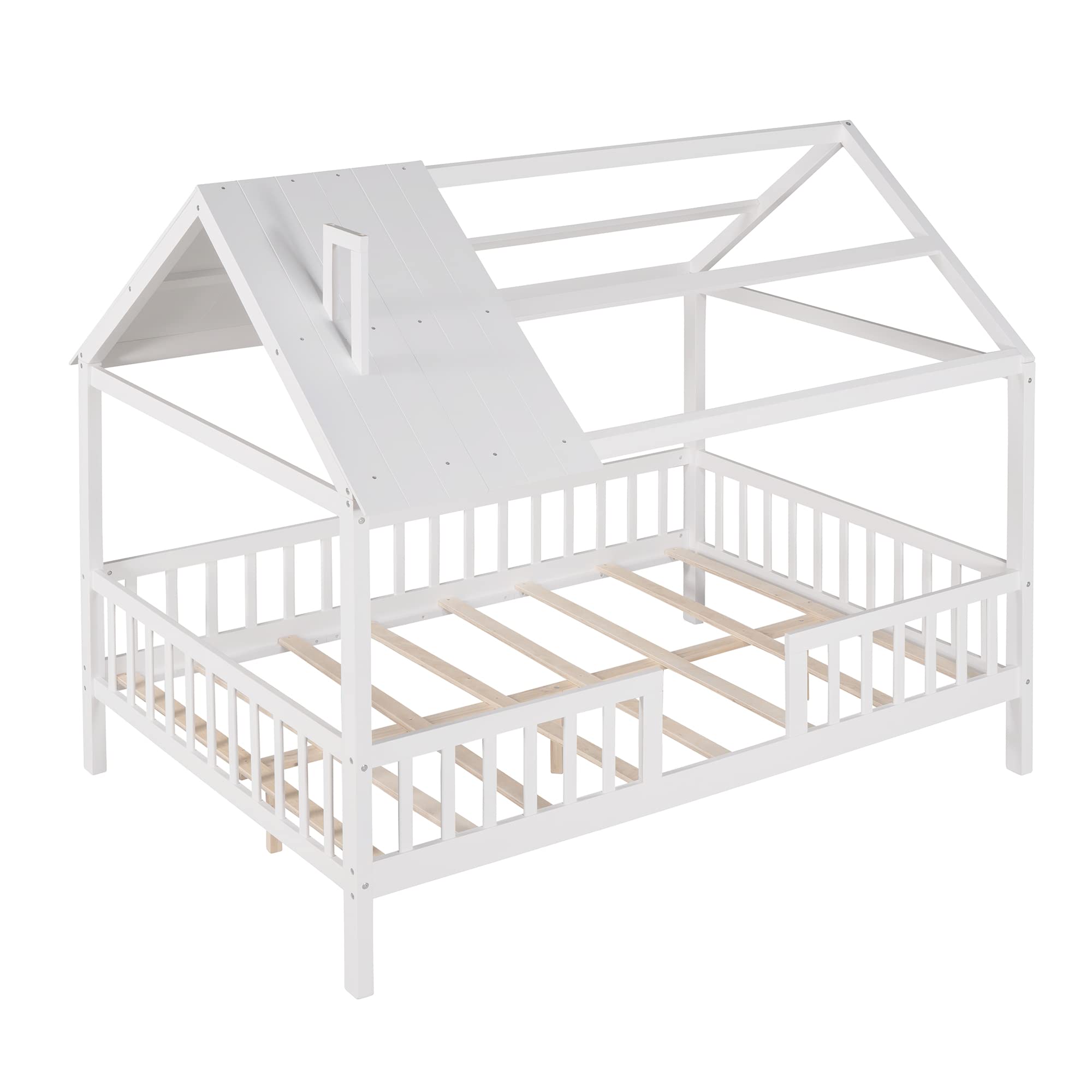 **MERITLINE Full Size Montessori Playhouse Bed - Solid Wood Platform Bed Frame with Fence & Roof for Kids, Teens & Adults - White - Perfect for Playrooms, Bedrooms & Montessori Learning Spaces**