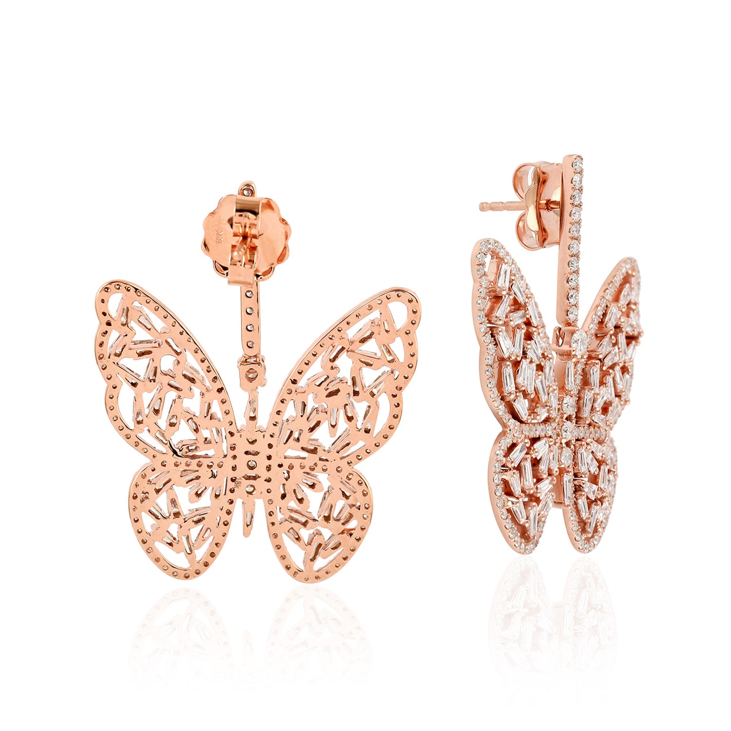 18K Rose Gold Baguette Cut Diamond Butterfly Earrings - Elegant Jewelry Gift for Women, Perfect for Weddings, Anniversaries & Special Occasions
