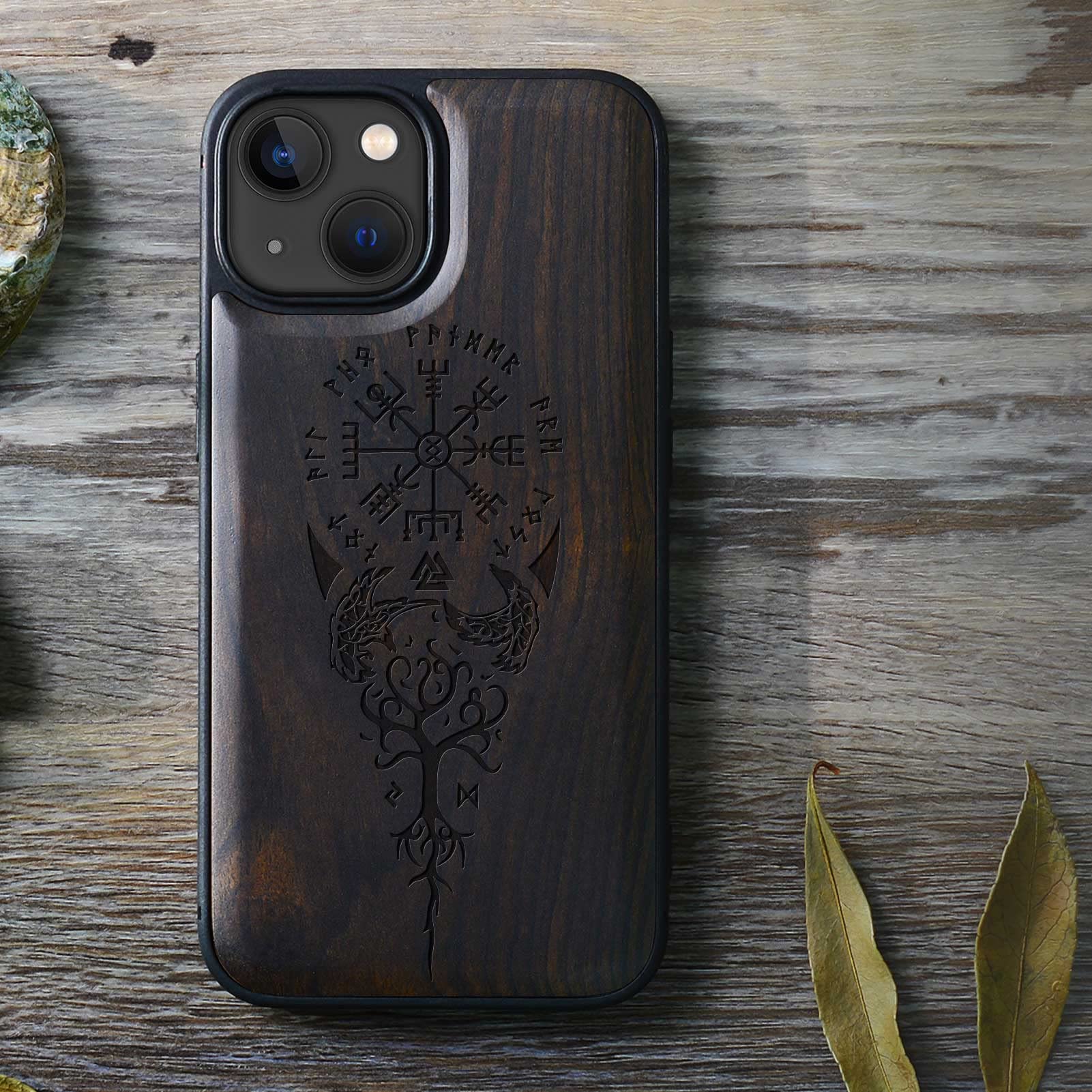 Carveit Magnetic Wood Case for iPhone 13 Mini - Natural Wood & Black TPU Shockproof Protective Cover with MagSafe Compatibility (Viking Compass Vegvisir Blackwood) - Perfect for Outdoor Adventures & Daily Protection