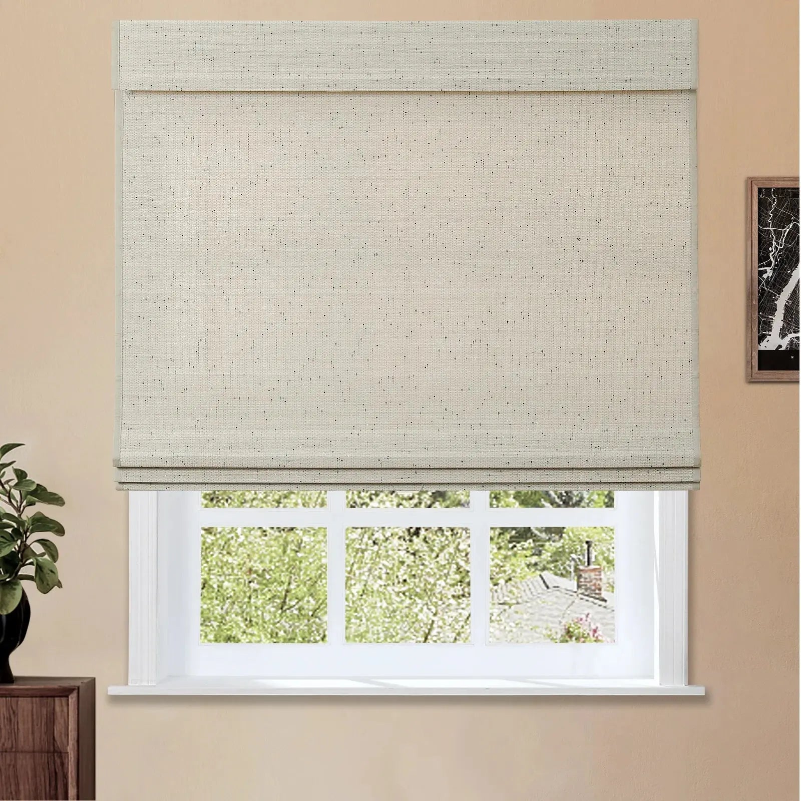 Sybil Bamboo Roman Shade - Winter White Window Treatment | Natural Eco-Friendly Blinds for Living Room, Bedroom & Office
