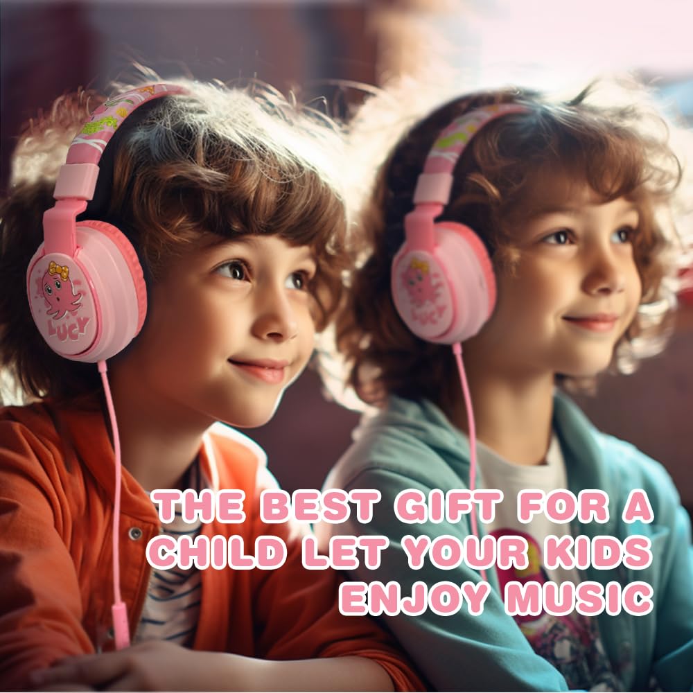 MIDOLA Kids Headphones with Volume Limiter (85/110dB) - Foldable Over-Ear Headset with Built-in Mic & 3.5mm AUX Cord - Safe for Children's Ears - Perfect for School, Travel, Tablet, Laptop & Online Learning (Cartoon Pink)