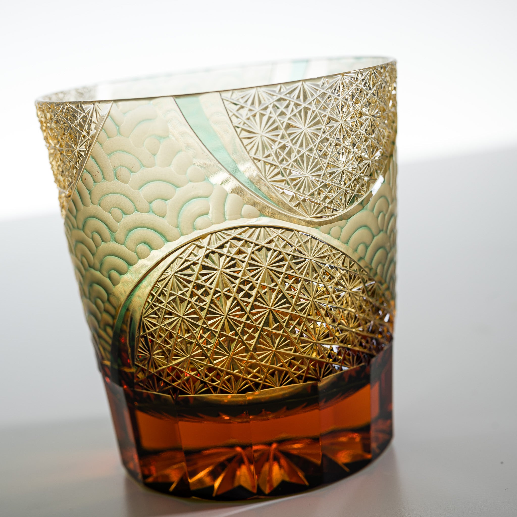 Yamada Crystal Glass Rock Glass - Wave Design in Amber Green - Perfect for Whiskey, Bourbon, and Cocktail Drinking at Home or Bar