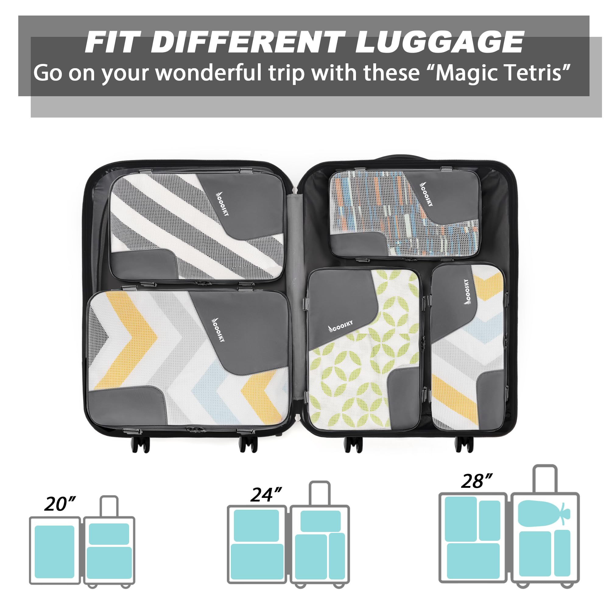 COOSKY 6-Piece Expandable Compression Packing Cubes Set - Transparent Travel Organizer for Suitcases, Luggage Storage Bags (Carry-On Size) - Perfect for Men & Women Travel Essentials | Ideal for Business Trips, Vacations & Weekend Getaways