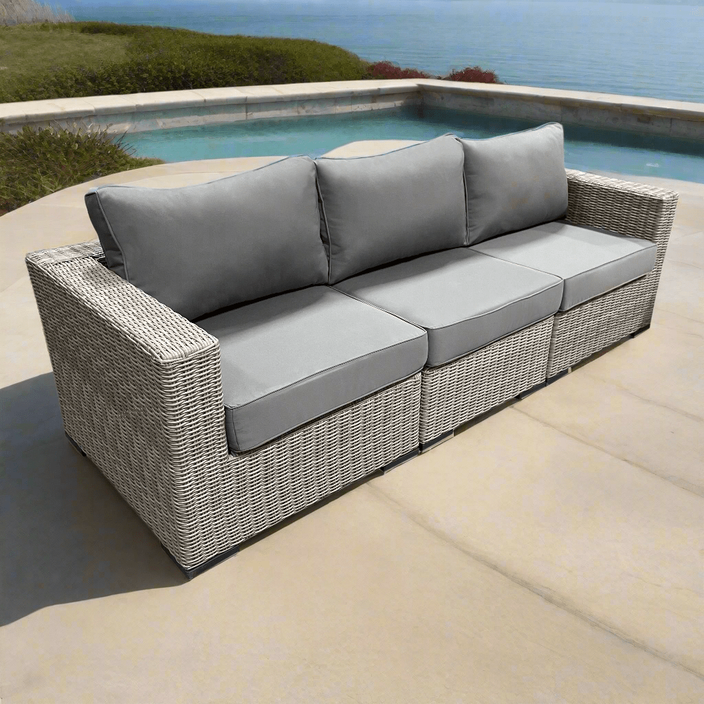 Riviera Outdoor Patio Wicker Sofa Set in Grey - Weather-Resistant Sunbrella Canvas Charcoal Cushions - Perfect for Backyard, Poolside & Garden Relaxation