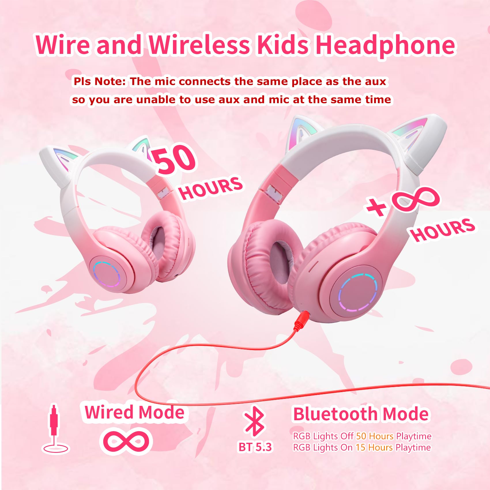 Tokani Kids Bluetooth Headphones with Microphone - Cat Ear Wireless Over-Ear Headset, Foldable Adjustable Comfortable for Girls Teens Adults (Pink) - Perfect for Gaming, Music, School & Travel