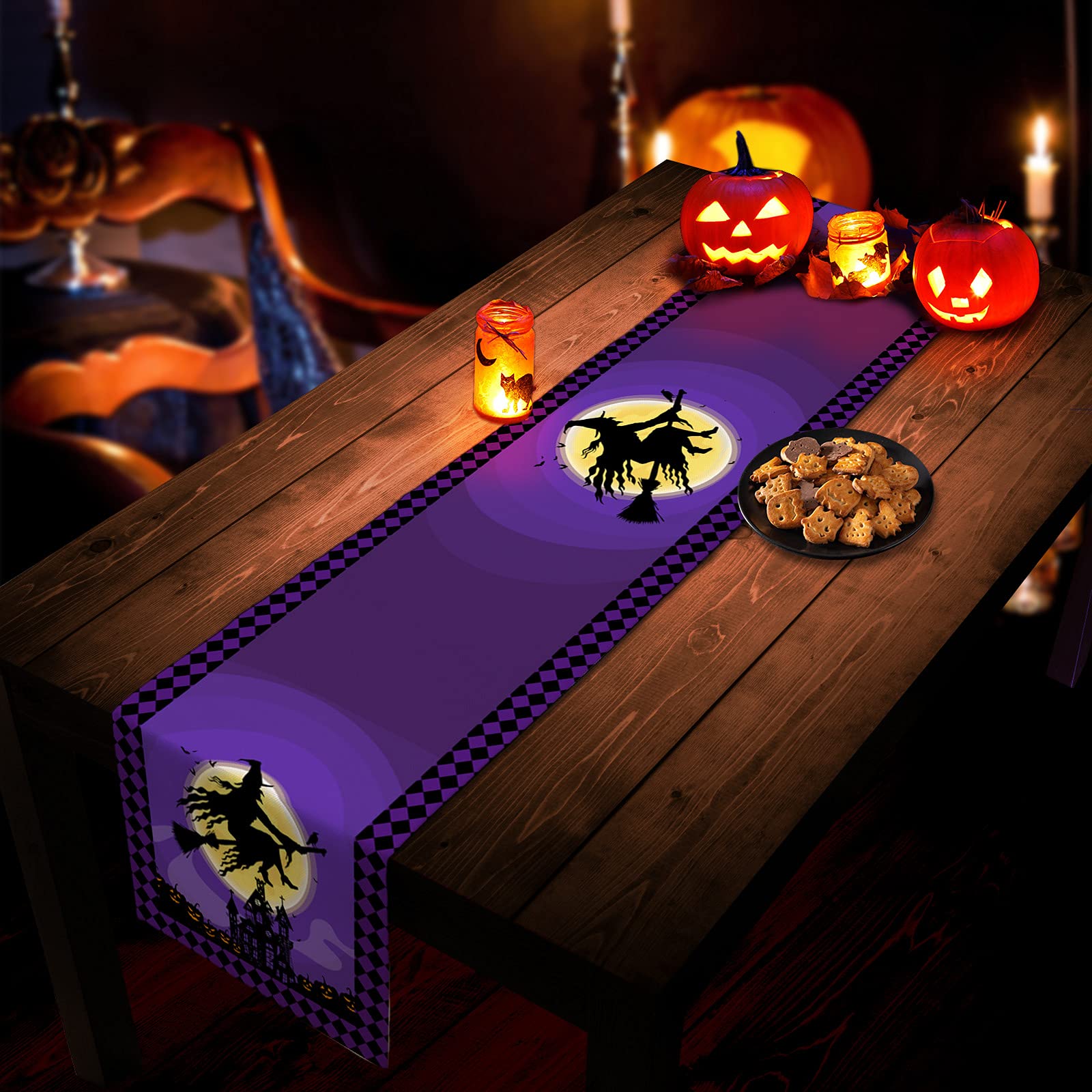 36 Inch Halloween Table Runner - Witches Haunted House Design for Parties, Ceremonies & Banquets | 13x36 Inch Purple Black Moon Night Decor | Perfect for Indoor/Outdoor Dining Tables, Buffets & Dressers