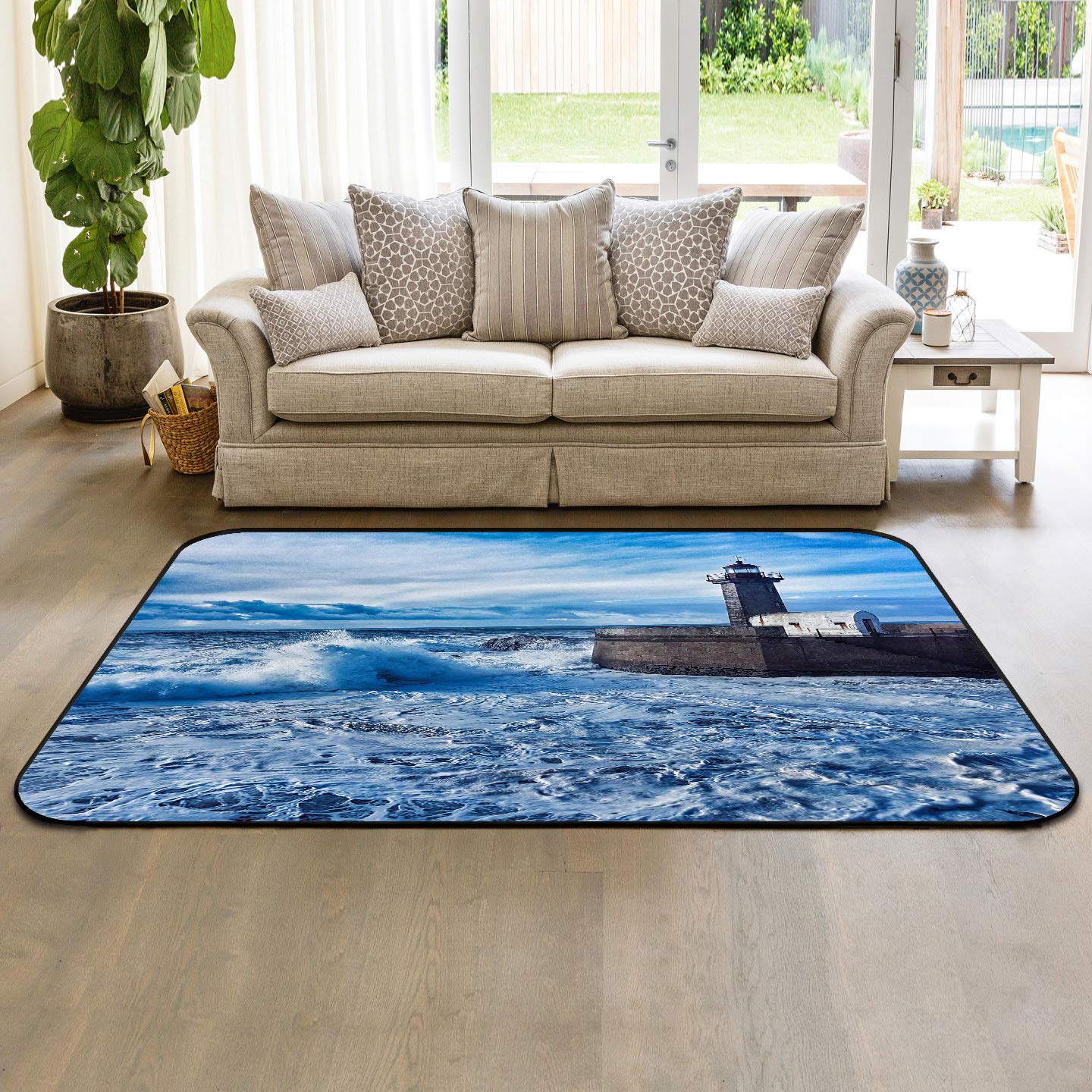 3'x5' Modern Coastal Lighthouse Throw Rug - Soft Nursery Carpet for Kids Room, Indoor/Outdoor Living Room & Bedroom Floor Mat - Summer Blue Sky Design for Beach House Decor & Cozy Home Styling