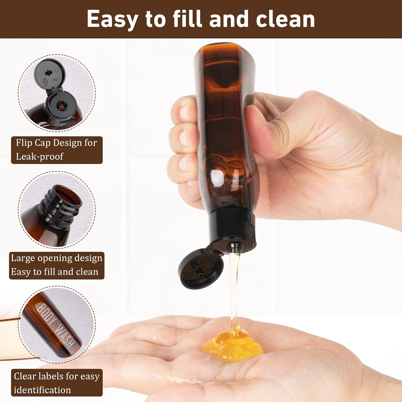 6-Pack 3.4oz (100ml) TSA Approved Leak Proof Travel Bottles for Toiletries - BPA-Free Plastic Squeeze Containers with Flip Top Cap for Shampoo, Lotion & Cosmetics (Brown) - Perfect for Air Travel, Gym, Camping & Vacation Essentials