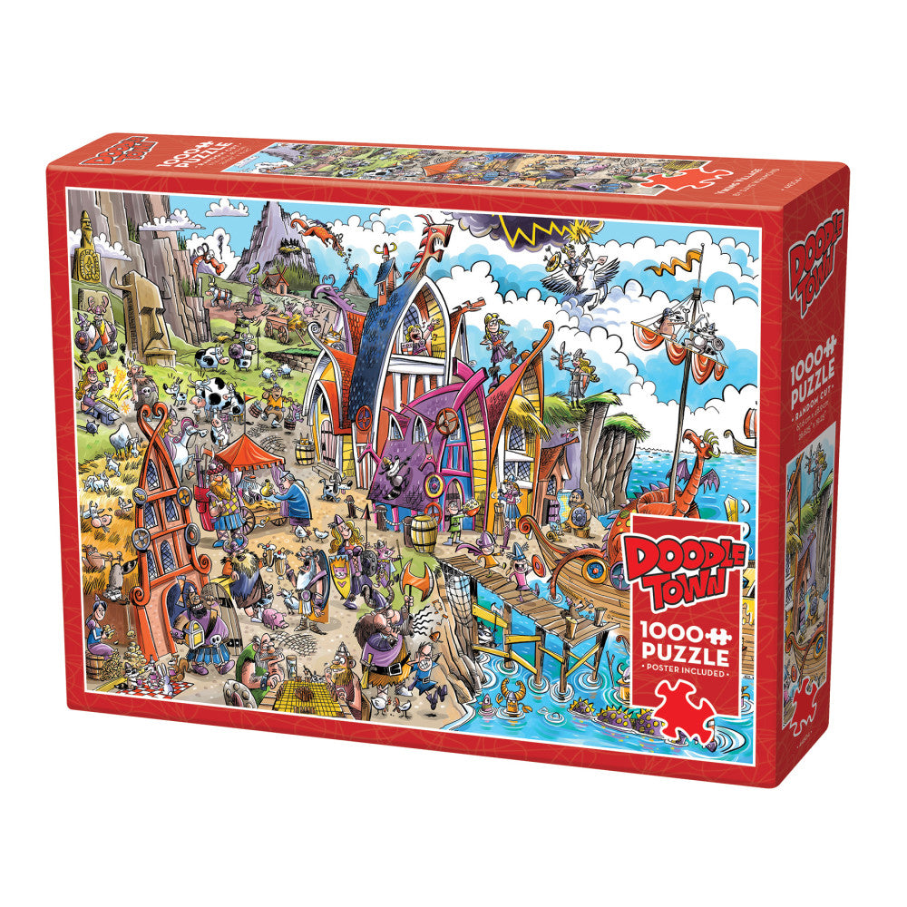 Cobble Hill DoodleTown: Viking Village 1000 Piece Jigsaw Puzzle - Challenging Adult Puzzle for Home Decor & Family Game Night