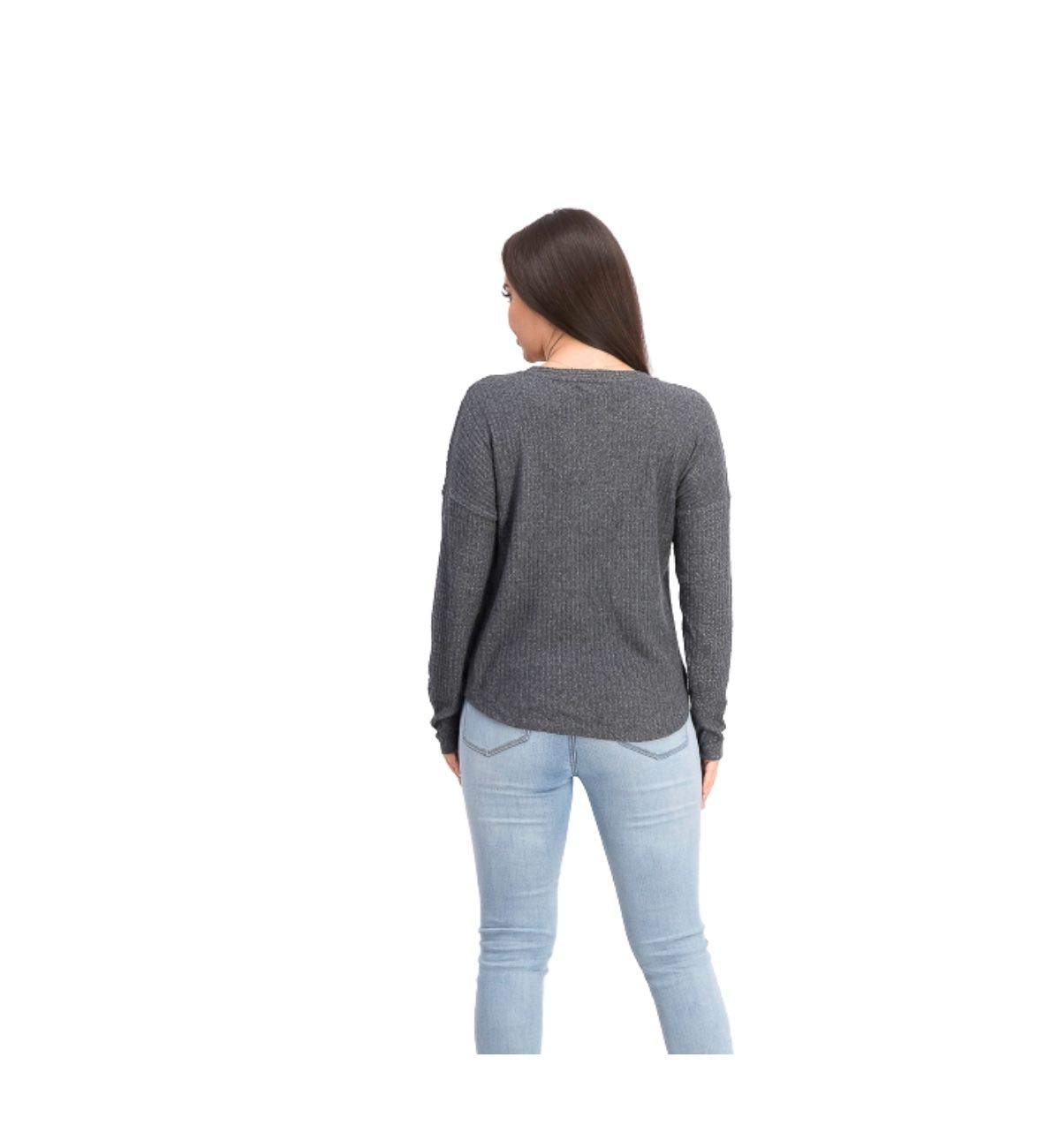 Juniors' Henley Waffle Knit Top - Soft & Comfortable Steel Grey Pullover Shirt for Teen Girls | Size M | Perfect for Casual Wear, School & Everyday Outfits