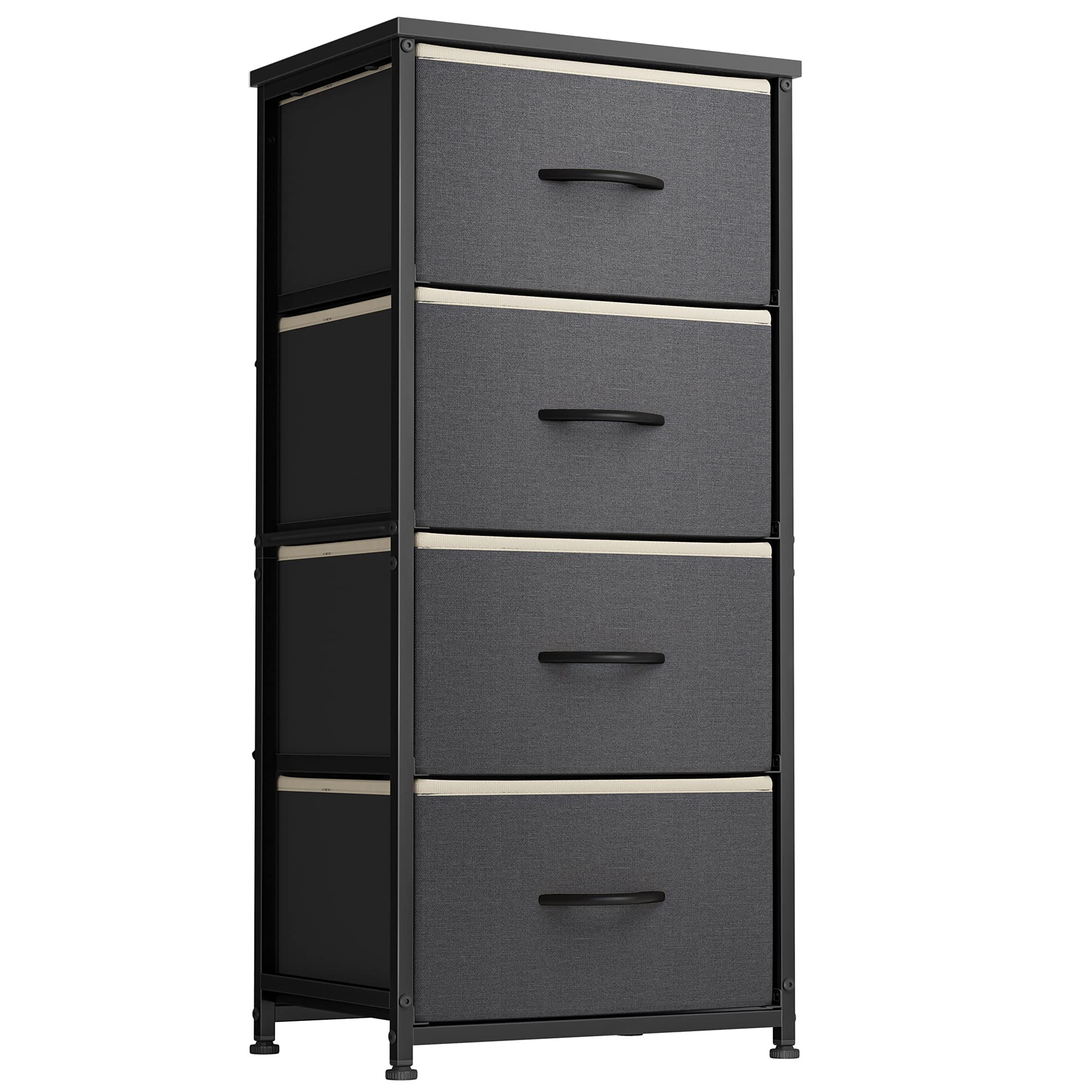 FEZIBO 4-Drawer Fabric Dresser Storage Tower with Steel Frame & Wood Top - Bedroom, Closet & Entryway Organizer with Easy Pull Handles (Black Grey & White Edge) - Perfect for Small Space Organization & Home Decor