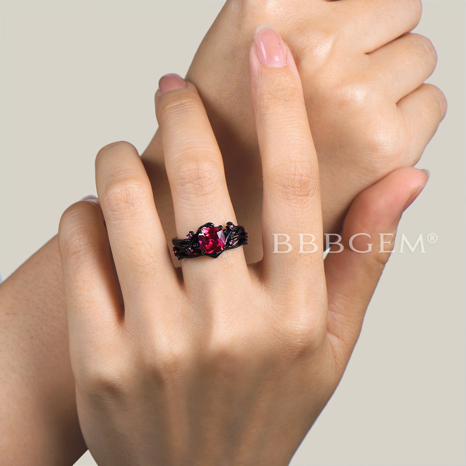 Exquisite Cushion Cut Ruby Black Gold Ring Set - Nature Inspired Engagement Ring for Women - Perfect for Weddings, Anniversaries & Special Occasions