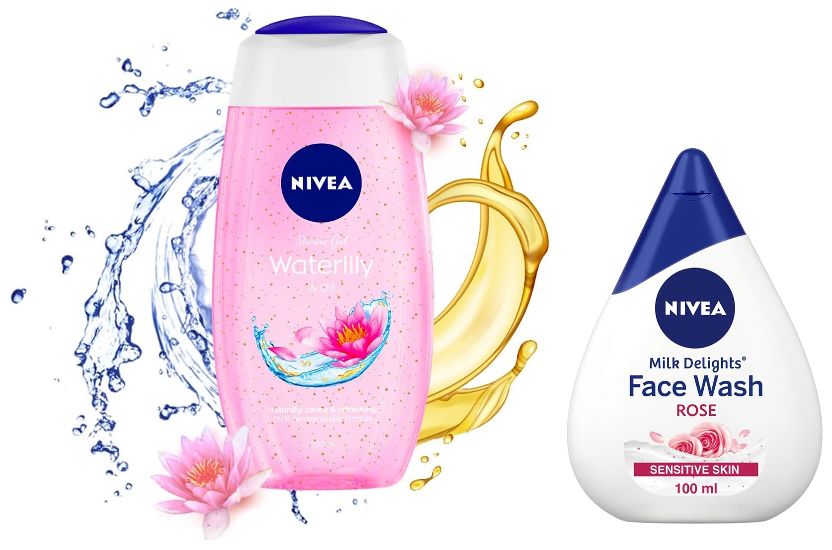 NIVEA Milk Delights Rosewater Facial Cleanser for Sensitive Skin - 100ml & NIVEA Water Lily & Oil Shower Gel Body Wash for Women - 250ml | Gentle Daily Skincare & Hydrating Bath Routine