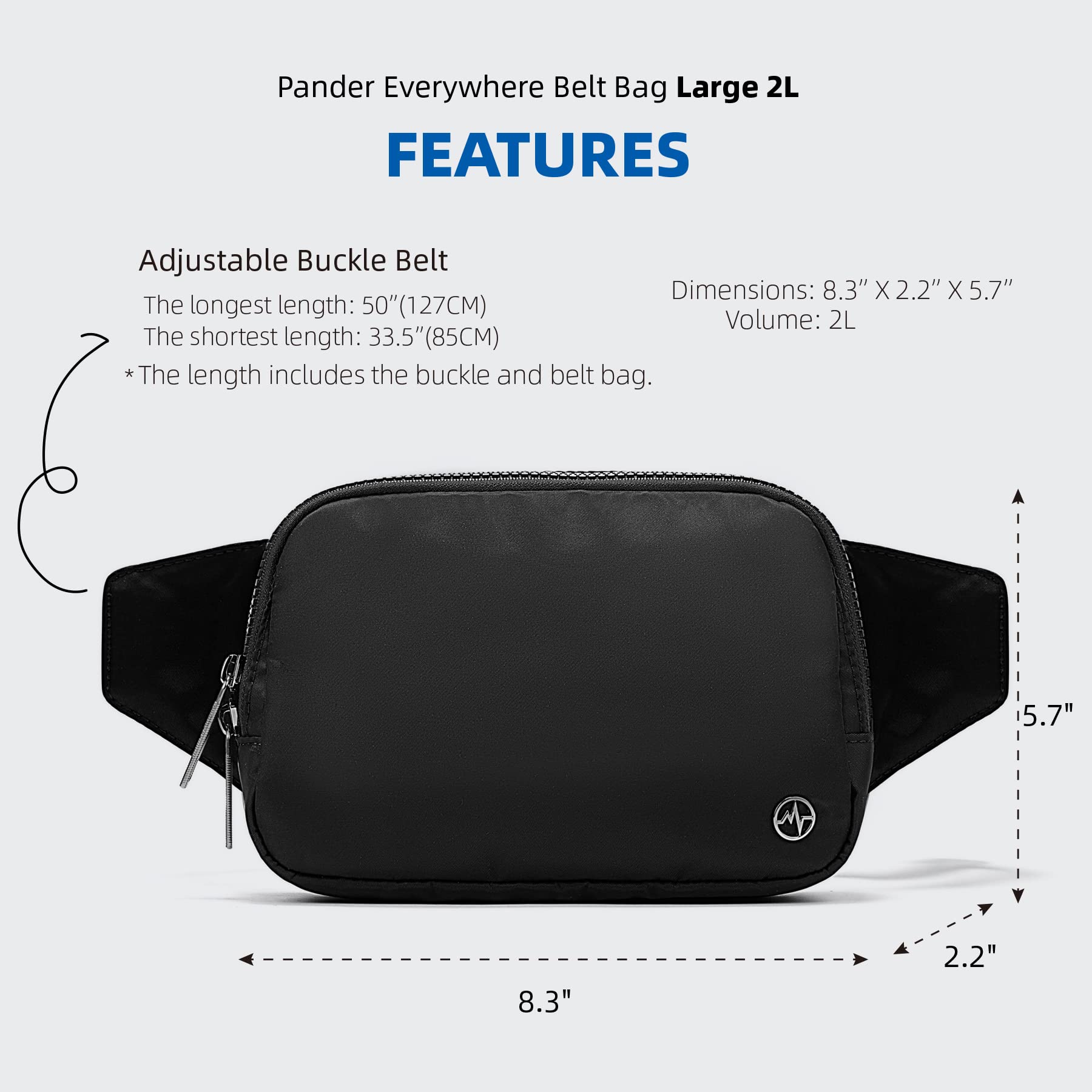 Pander Large 2L Waterproof Belt Bag - Adjustable Waist Pack Fanny Purse for Women & Men - Perfect for Travel, Hiking, Running & Everyday Use