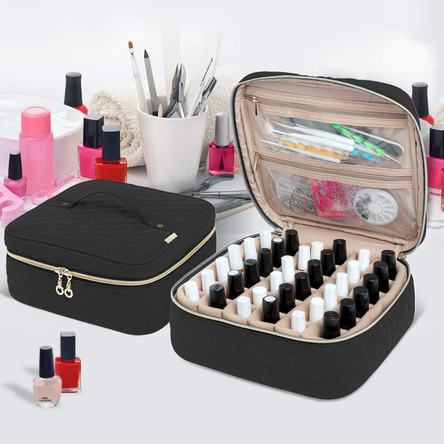 Yarwo 36 Bottle Nail Polish Organizer Case - Portable Nail Varnish Storage Bag for 15ml/0.5oz Bottles, Nail Art Accessories Carrying Case (Black) - Perfect for Salon Professionals, Travel & Home Organization