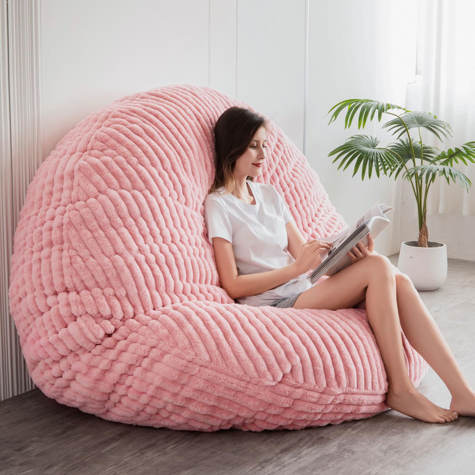 MAXYOYO Giant Round Bean Bag Chair for Adults - Soft Striped Faux Fur Oversized Lounger in Pink | Perfect for Living Room, Bedroom, Game Room & Dorm Relaxation