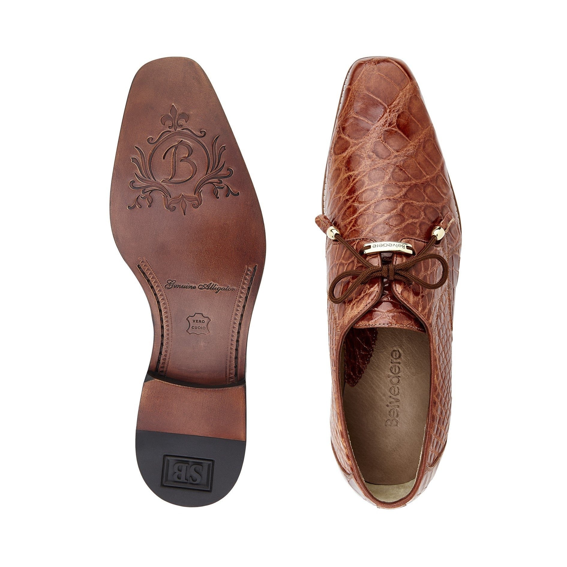 Belvedere Lago Genuine American Alligator Leather Dress Shoes for Men - Cognac Brown 14010 | Luxury Formal Business Attire & Special Occasion Footwear