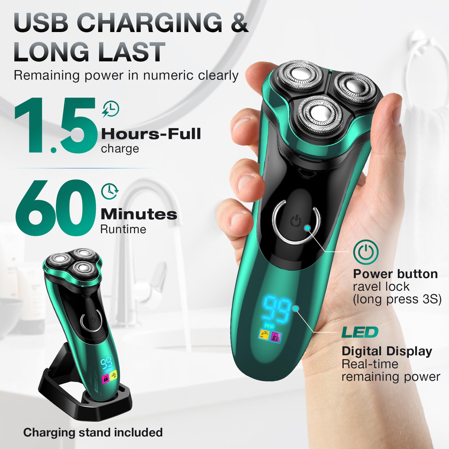Best Electric Razor for Men - Rechargeable Wet & Dry USB-C Cordless Waterproof Shaver with Pop-Up Trimmer & Charging Stand - Perfect for Travel, Gym & Daily Shaving