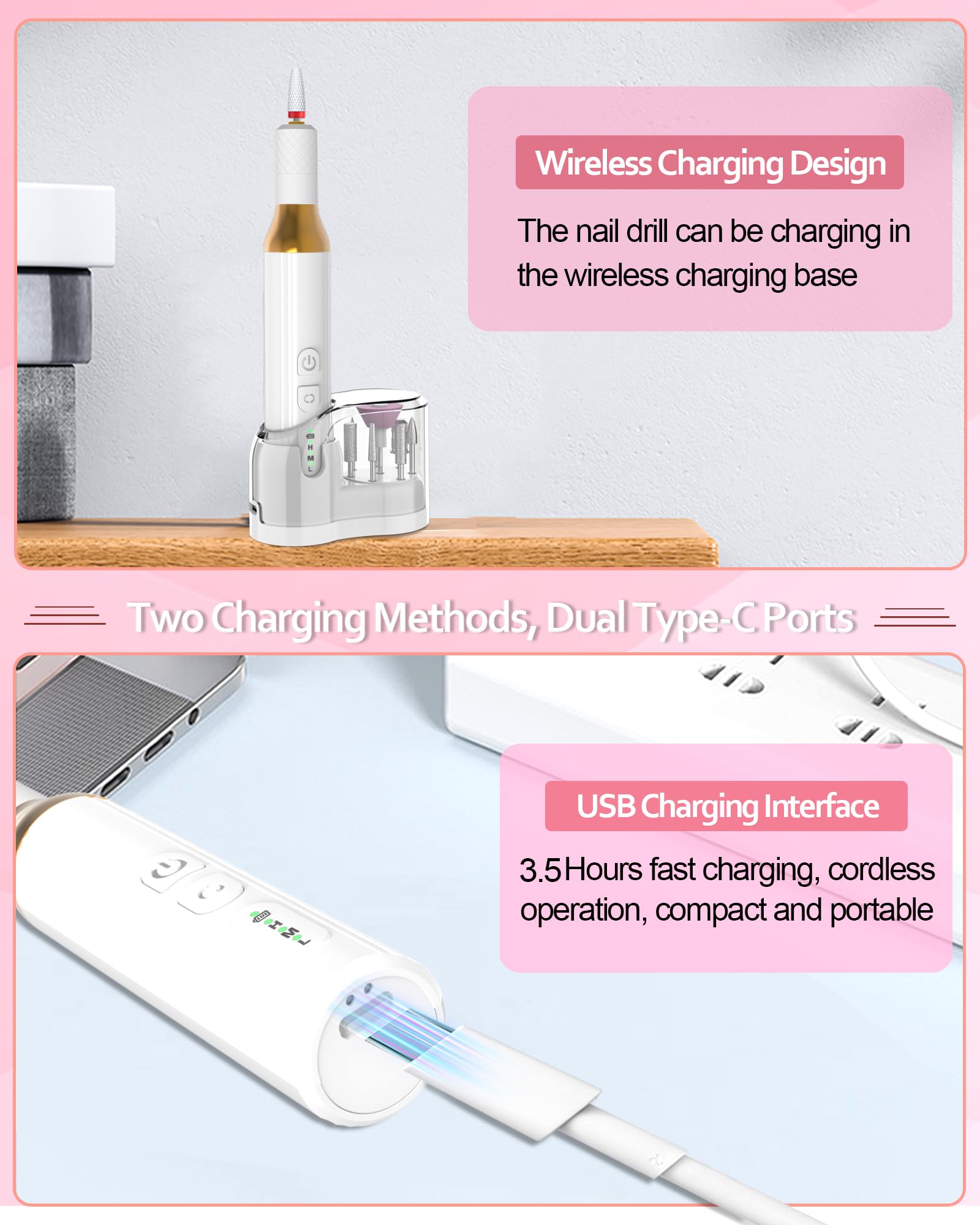 Professional Cordless Electric Nail Drill Kit - Rechargeable Wireless E-File for Gel & Acrylic Nails, Manicure & Pedicure Machine with Grinding Bits (M918) | Perfect for Salon Professionals & Home Nail Care