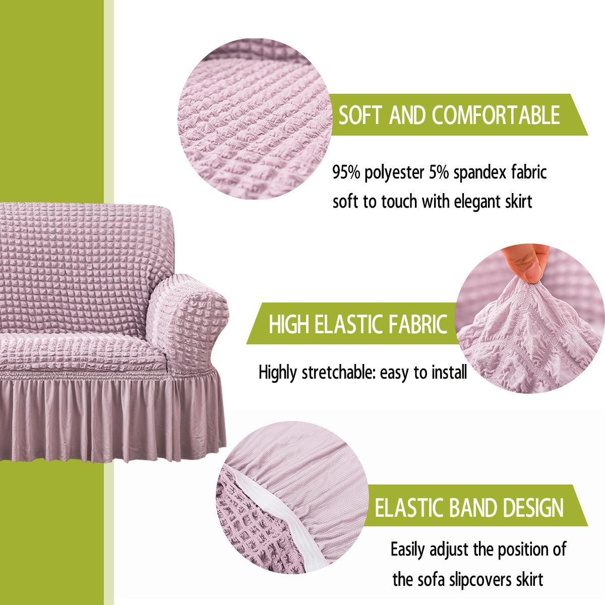 Qubjus Stretch Sofa Slipcover - Washable Couch Cover for Sofa & Bed - Elastic Bottom & Skirt - Easy Fit Furniture Protector - Mauve (Extra Large) - Perfect for Living Room, Family Room & Home Decor
