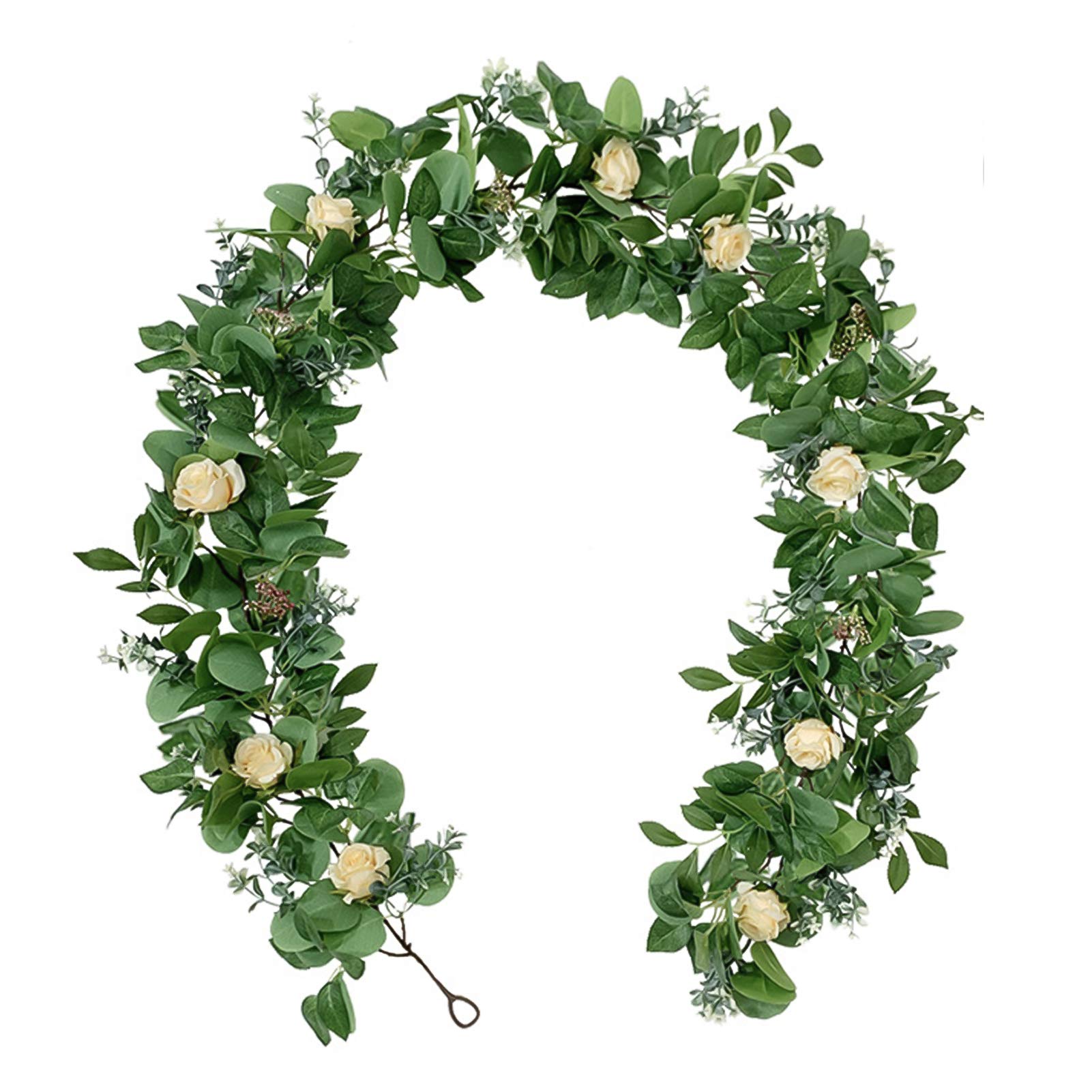 185cm Artificial Eucalyptus Garland with Silk Roses - Hanging Floral Greenery Vine for Wedding Decor, Table Centerpieces, Garden Party Backdrop, Wall & Basket Decoration - Champagne Color