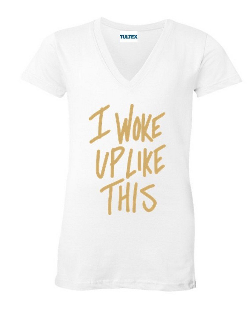 icustomworld Women's 'I Woke Up Like This' V-Neck T-Shirt with Gold Logo - Casual Comfort Tee for Everyday Wear, Girls Night Out & Lounge