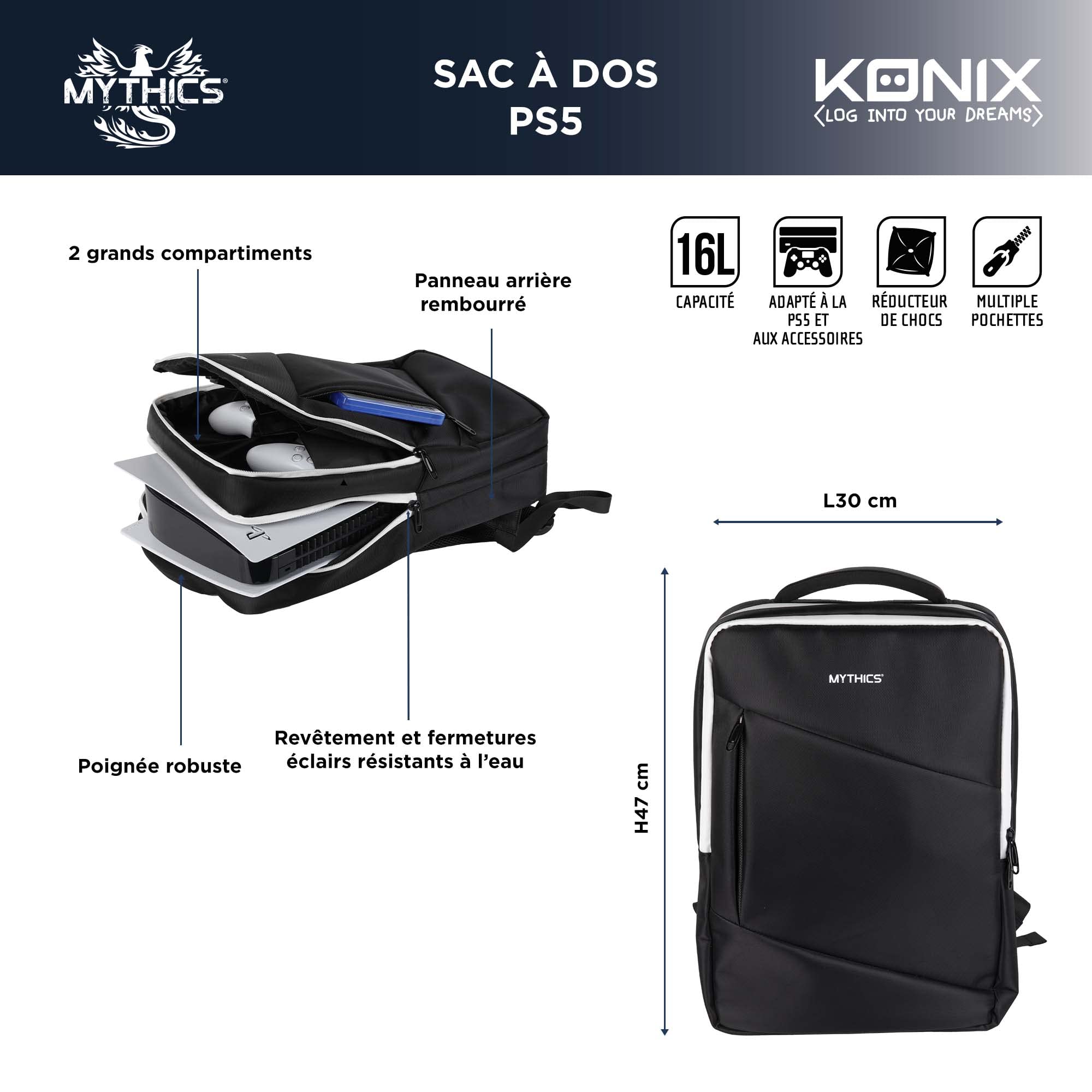 Konix Mythics PS5 Backpack 16L for Console & Accessories - 30x10x47cm Black/White - Gaming Travel Storage