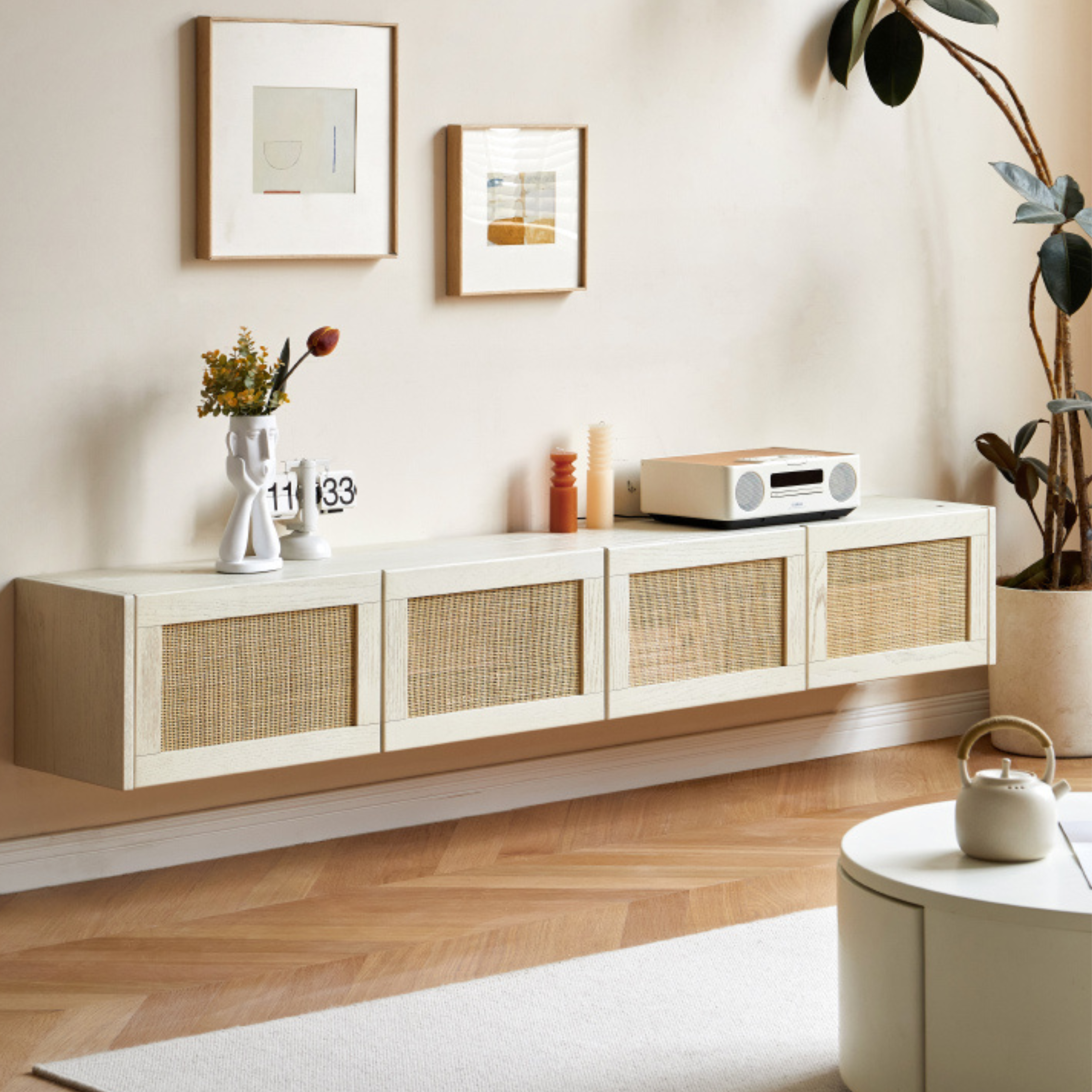 Solid Oak Wood Rattan TV Stand with Suspended Design - Stylish Media Console for Living Room, Bedroom & Home Theater