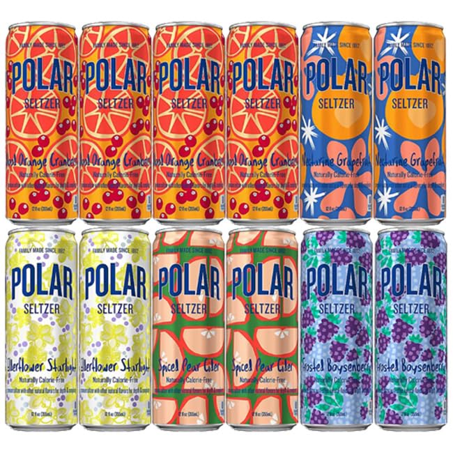 Polar Winter Seasonal Seltzer Variety Pack - 12 Pack (4 Blood Orange Cranberry, 2 Nectarine Grapefruit, 2 Elderflower Starlight, 2 Frosted Boysenberry & 2 Spiced Apple Cider) - 12oz Cans - Perfect for Holiday Parties & Winter Gatherings