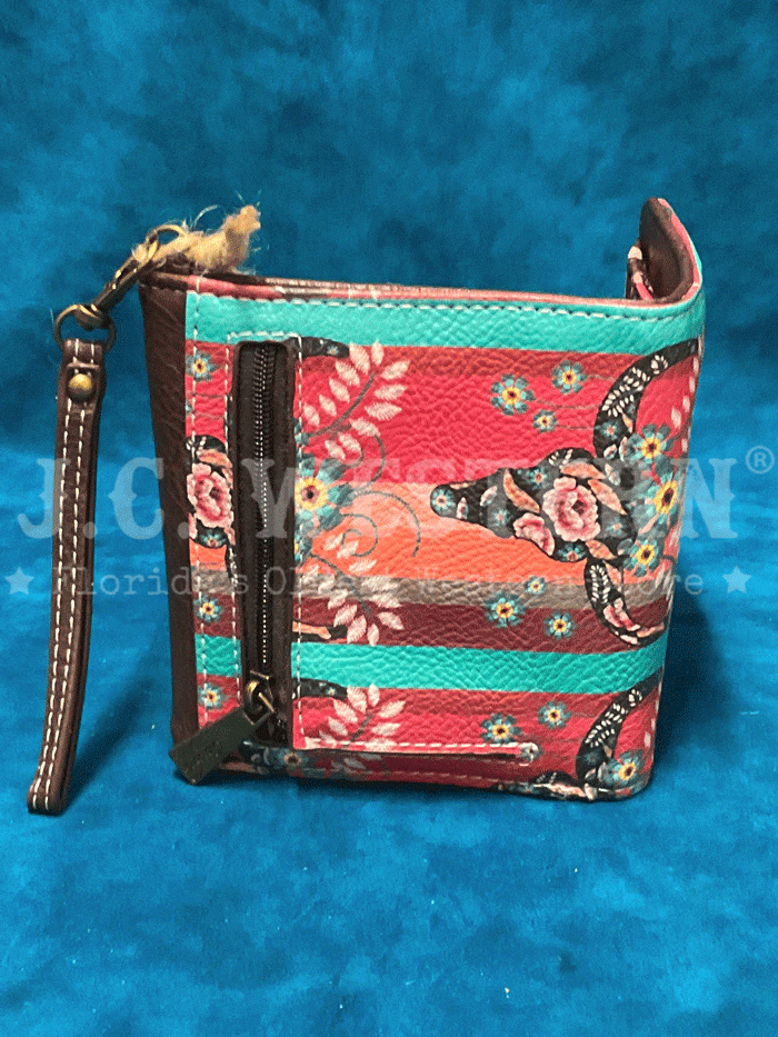 Women's Steer Head Print Mini Wallet - Turquoise & Coral Cowhide Leather Clutch for Everyday Use, Travel & Parties