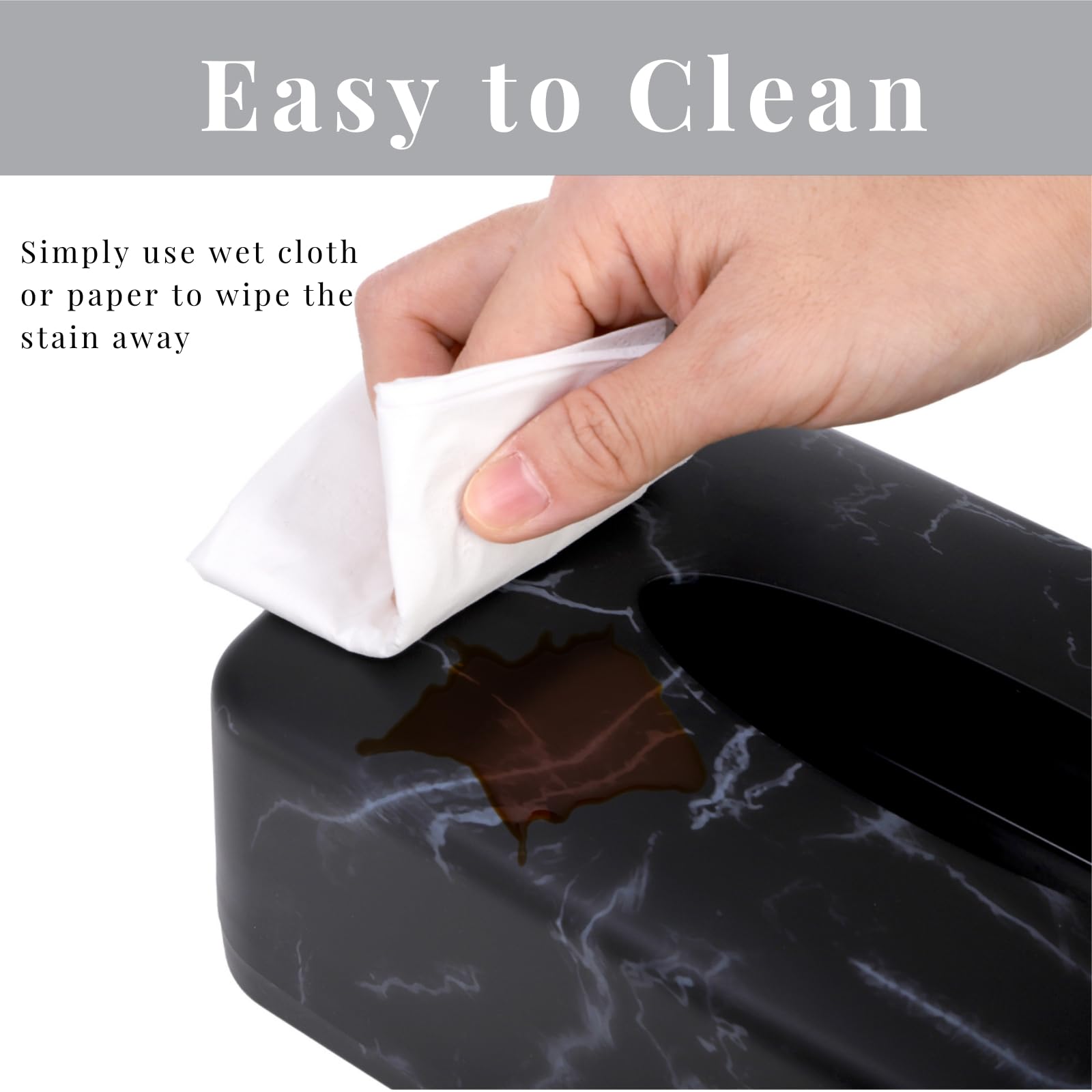Black Faux Marble Tissue Box Cover - Rectangular Napkin Dispenser Holder for Facial Tissues, Dryer Sheets & Towels | Bathroom, Bedroom, Kitchen & Car Organization | Modern Home & Office Decor