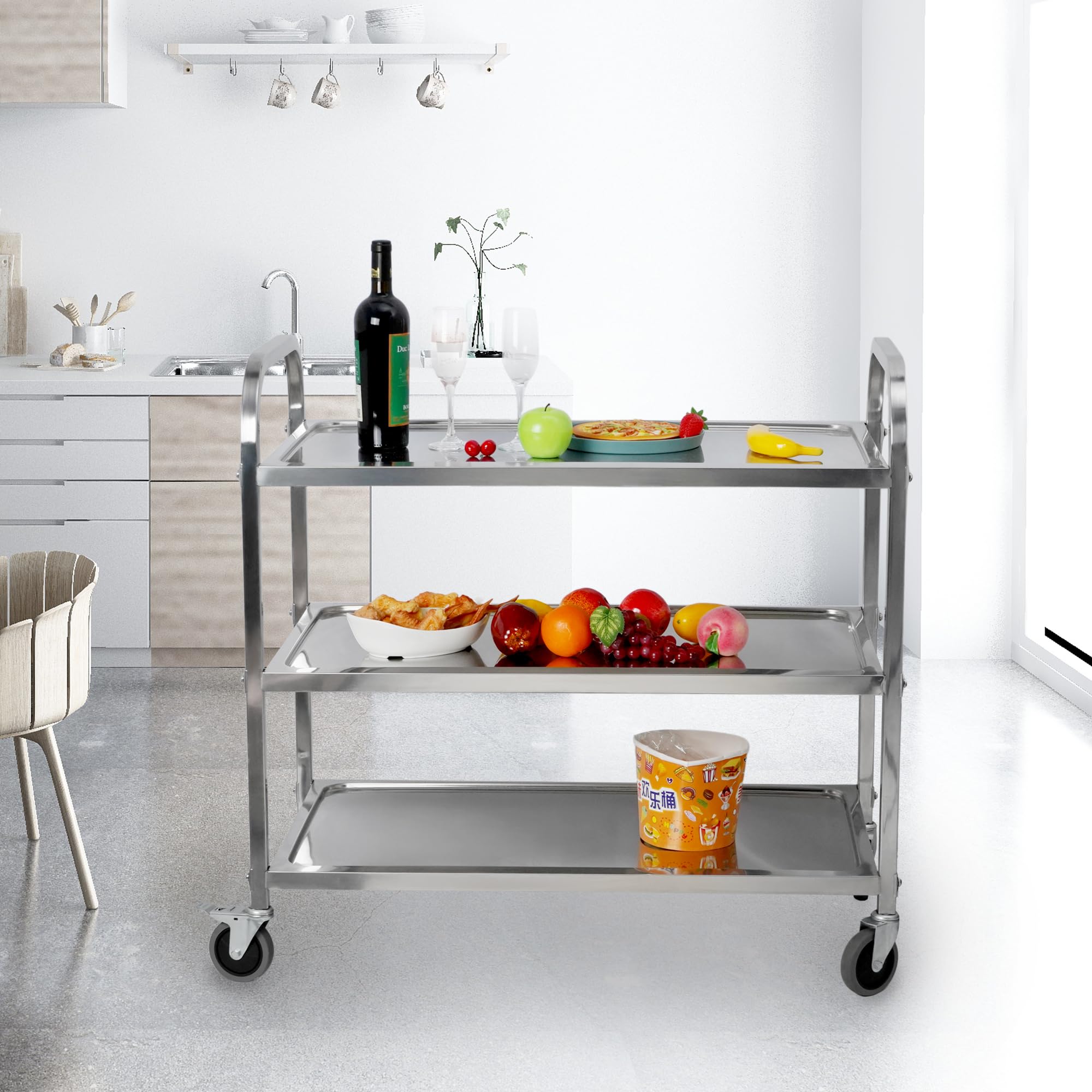 3-Tier Stainless Steel Utility Cart with 360° Swivel Wheels - Heavy Duty Industrial Serving Cart for Kitchen, Restaurant & Home Use - Perfect for Food Service, Hotel Storage & Mobile Workstation