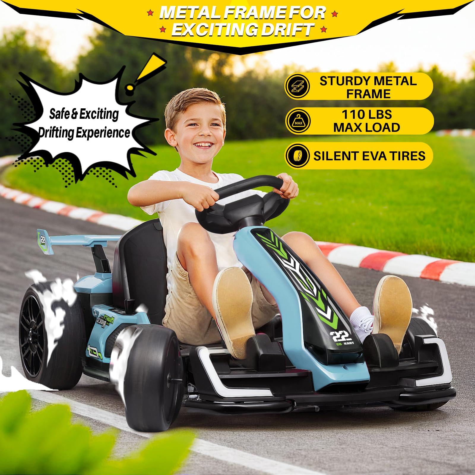 Blitzshark 24V 300W Electric Go Kart for Kids - Powerful Drift Kart with 2X150W Motor, 7AH Battery & EVA Tires - Adjustable Length, Brake Pedal, Sports/Drift Modes (Blue) - Perfect for Outdoor Racing, Backyard Fun & Birthday Gifts