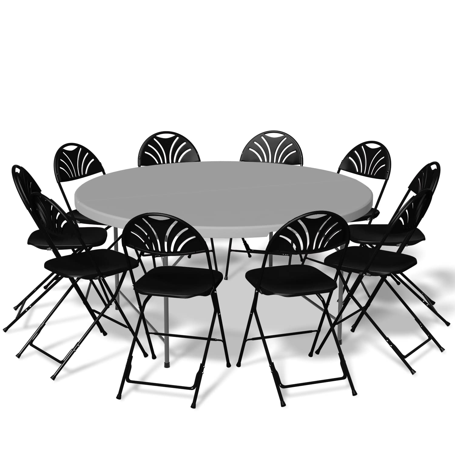MoNiBloom Heavy Duty Folding Table & 10-Piece Stackable Plastic Chair Set - Round Indoor/Outdoor Event Furniture with Fan Back Design for Patio, Garden, Party & Camping Use
