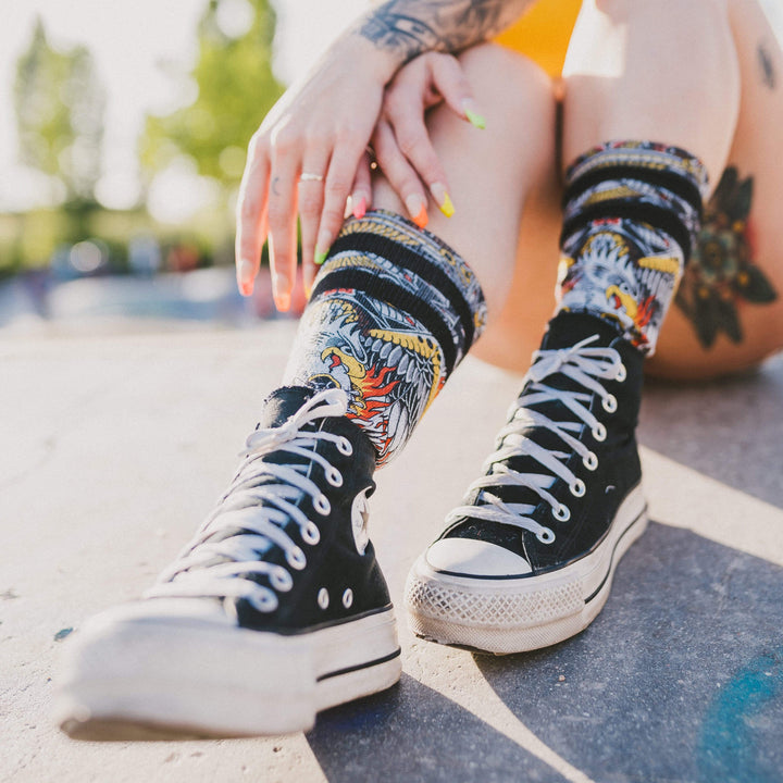 American Flag Socks - Patriotic Mid High Crew Socks with Eagle & Fire Design - Perfect for 4th of July, Veterans Day & Outdoor Activities