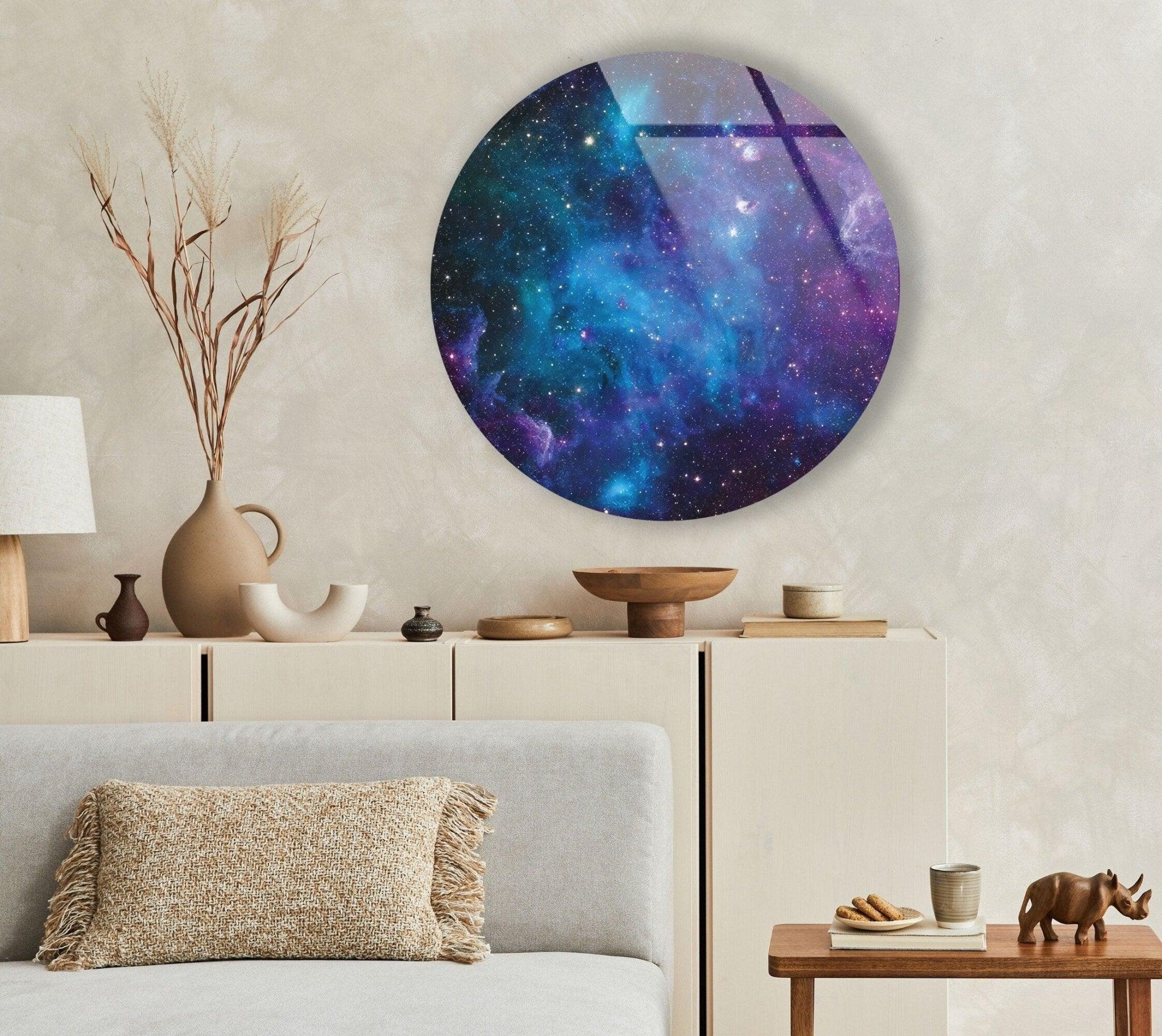 Abstract Round Space-Themed Glass Wall Art - Modern Home & Office Decor for Living Room, Bedroom, or Office Spaces