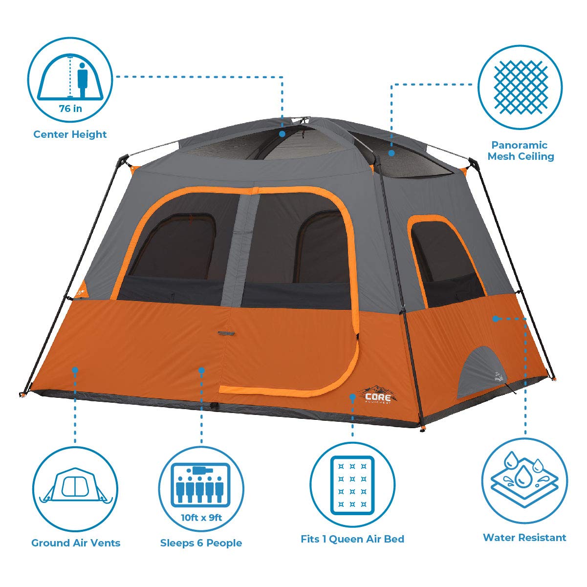 4 & 6 Person CORE Cabin Tent - Lightweight Portable Camping Tent with Carry Bag & Gear Loft Organizer | Perfect for Family Camping, Backpacking & Outdoor Adventures | Weather-Resistant for Car Camping & Music Festivals