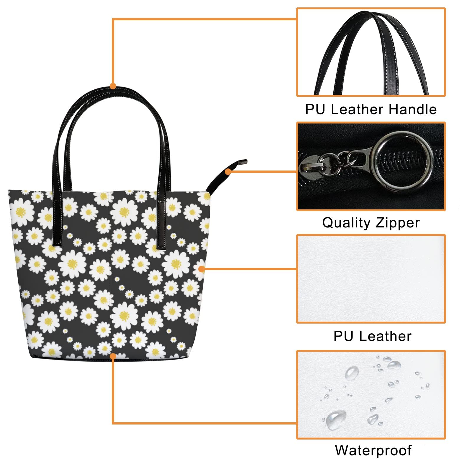 Elegant White Chrysanthemum Floral Leather Tote Bag for Women - Stylish Crossbody Work Handbag with Zipper | Perfect for Office, Travel & Daily Use