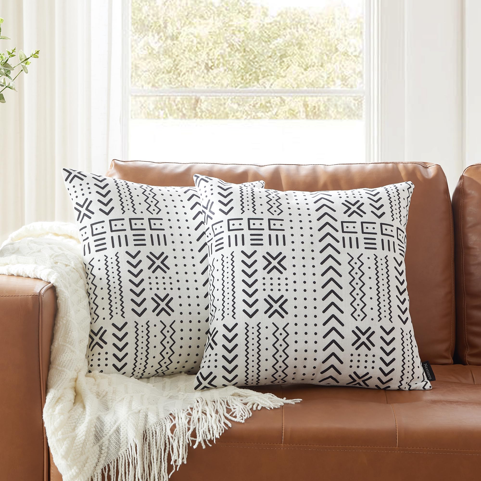 Set of 2 White Linen Pillow Covers 18x18 Inches - Black Ethnic Tribal Print Throw Pillow Cases for Sofa, Couch, Bed Decor - Perfect for Living Room, Bedroom & Home Styling