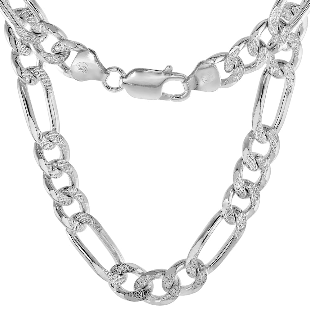 Sterling Silver Figaro Link Chain Necklace & Bracelet Set - 8mm Pave Diamond Cut, Nickel Free, Made in Italy (7-30 Inch) - Perfect for Gifts, Weddings, and Everyday Elegance