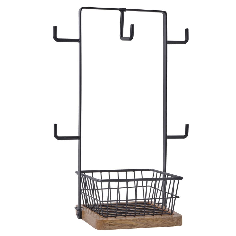 Stella Mug Tree with Storage Basket - Rustic Wooden Cup Holder for Coffee Mugs & Tea Cups - Kitchen Countertop Organizer for Small Spaces