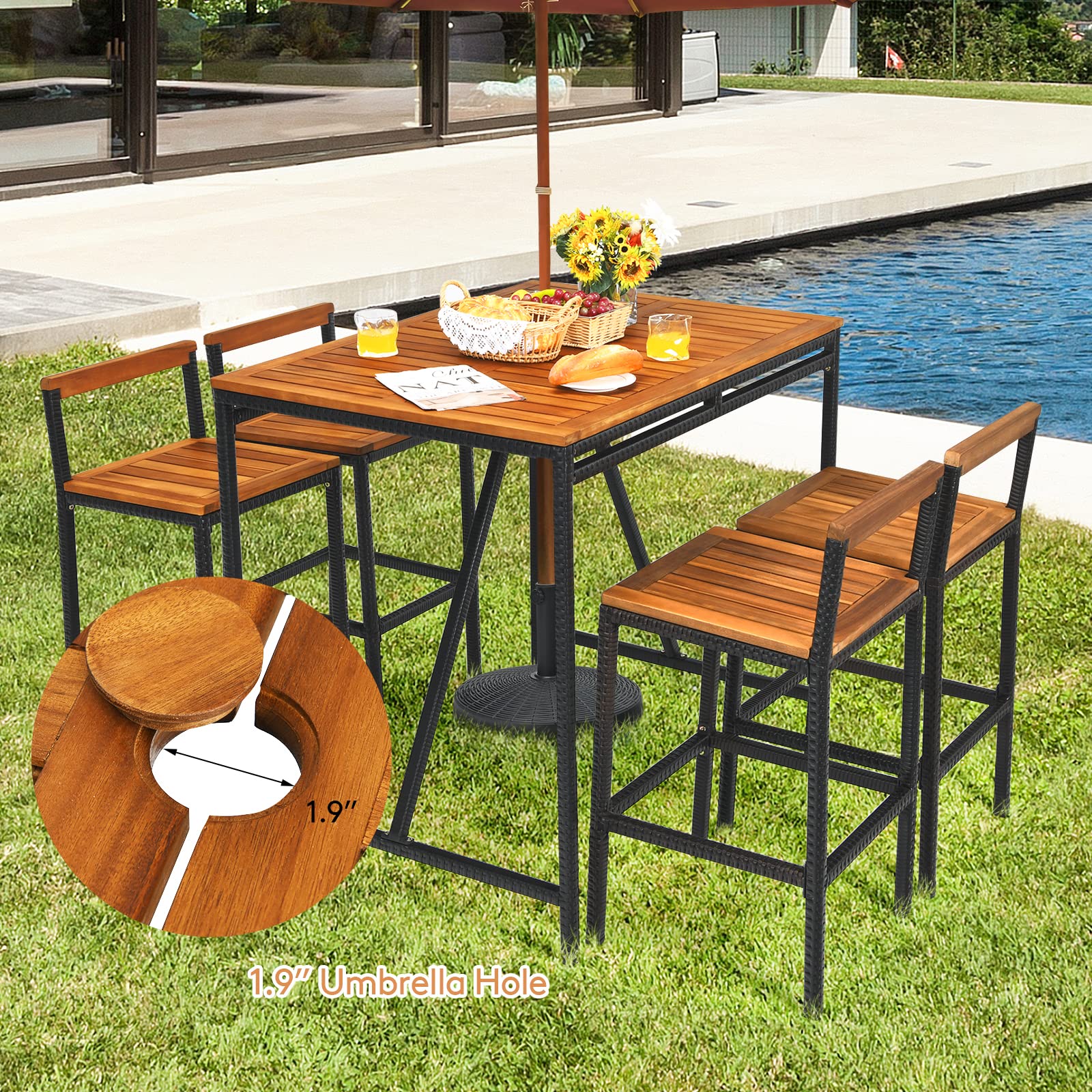 Tangkula 5-Piece Acacia Wood Outdoor Bar Set with Umbrella Hole - Black Rectangular Bar Table & 4 Rattan Bar Stools for Patio, Garden, Backyard Dining & Entertaining
