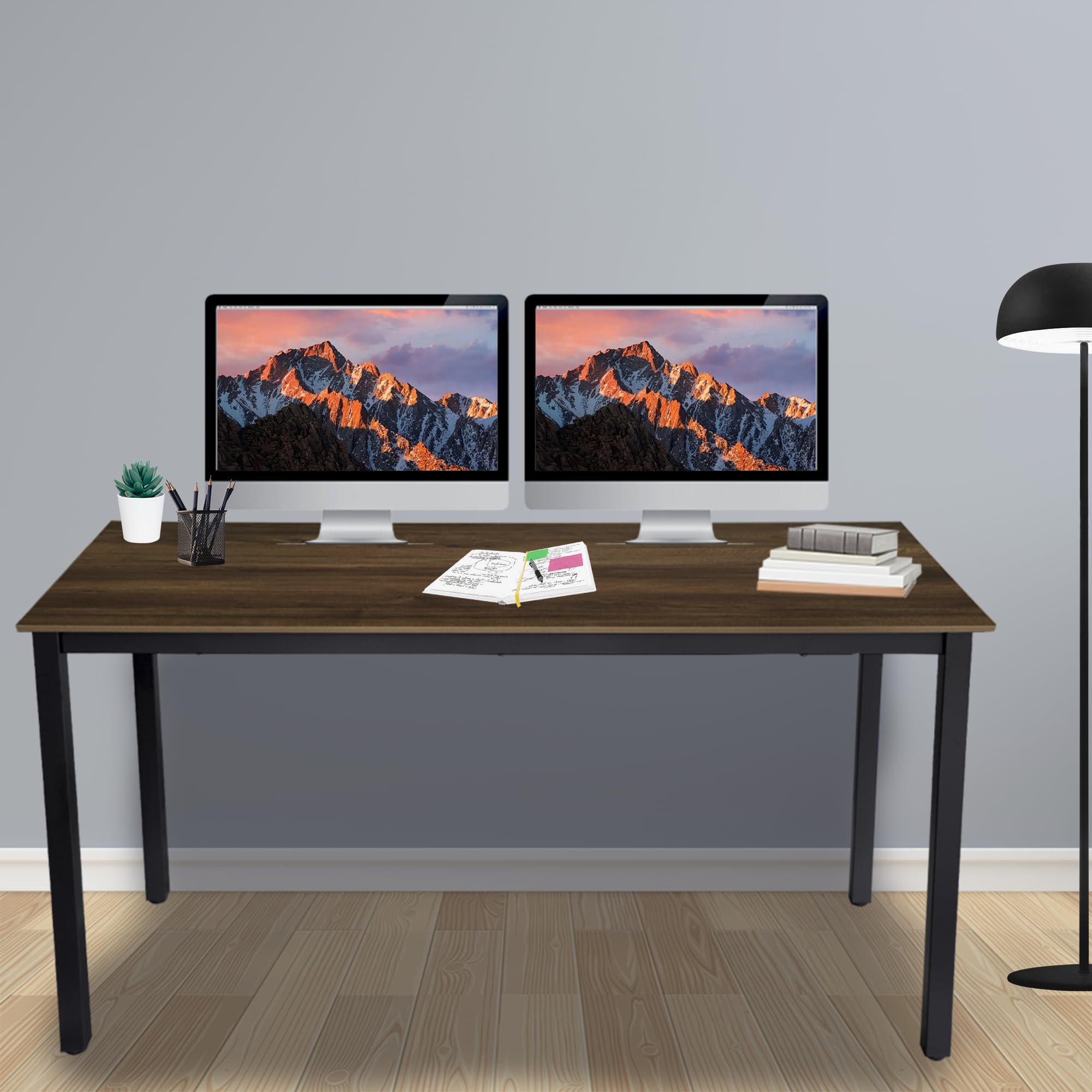 55 Inch Large Computer Desk Wood - Modern Simple Style Home Office Desk for Bedroom, Study & Small Spaces - Black Metal Frame with Walnut Top - Perfect for Remote Work, Gaming & Online Learning