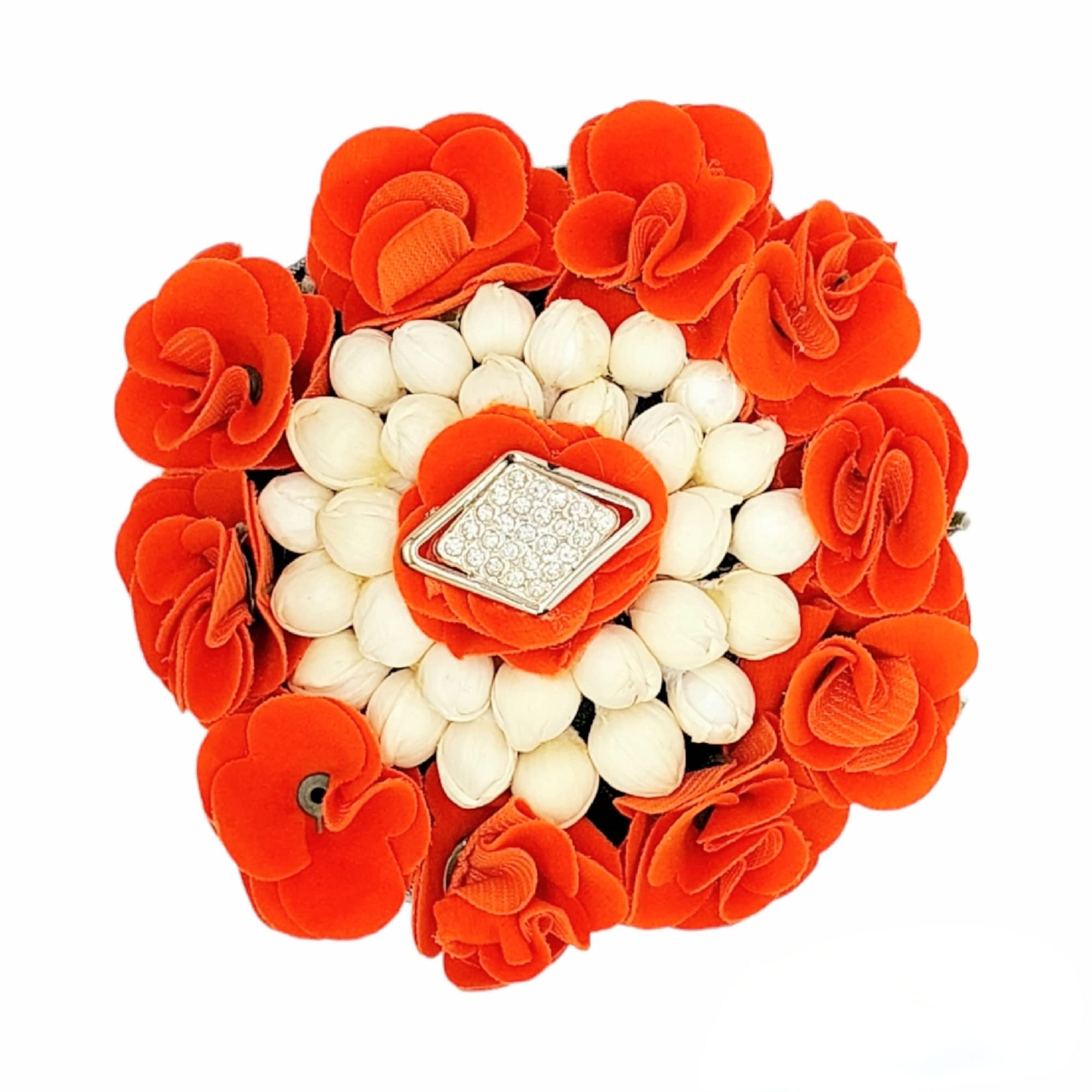 Orange & White Artificial Flower Gajra Hair Accessories - Full Bun Juda Maker with Rubber Band for Women & Girls - Perfect for Weddings, Parties & Festivals