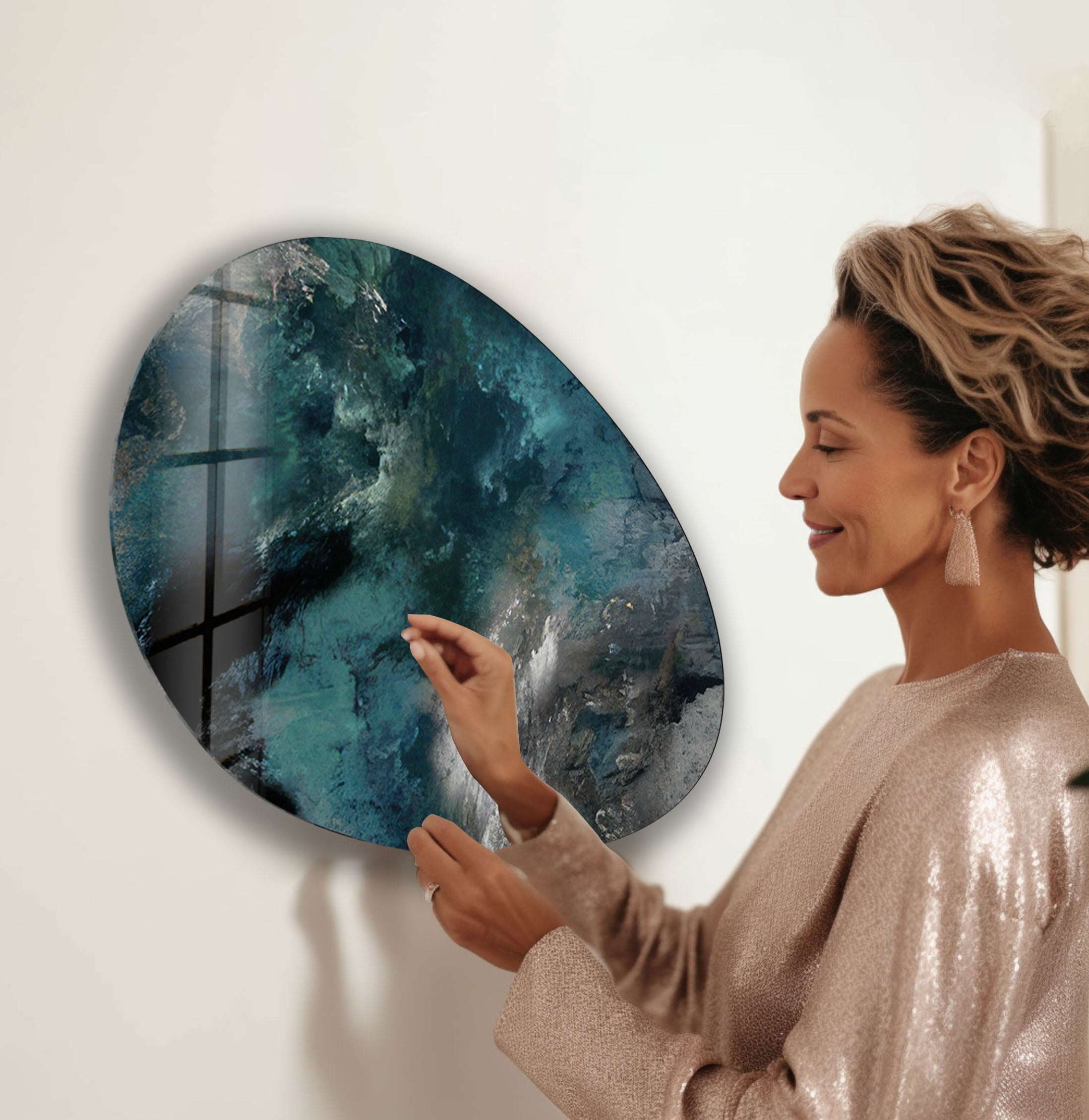 Abstract Dark Green Oval Glass Wall Art - Modern Home Decor for Living Room, Bedroom & Office - Handmade Glass Artwork for Unique Interior Design