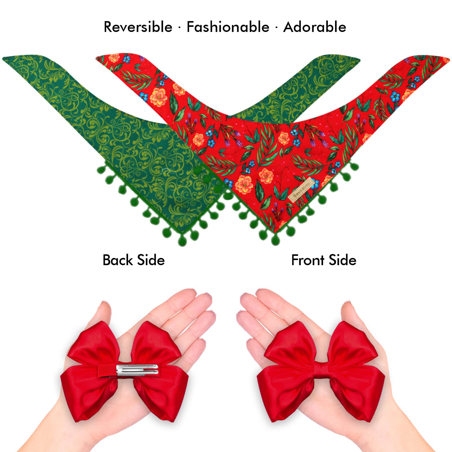 Reversible Pom Pom Dog Bandanas with Matching Hair Bow - Soft & Durable Pet Bibs & Scarves for Small to Medium Dogs - Adjustable Fit for Boys & Girls - Perfect for Holidays, Birthdays & Daily Walks