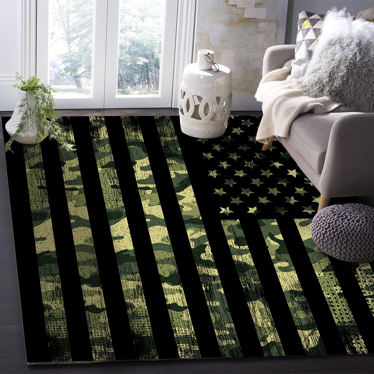 4'x6' US Flag Indoor Modern Contemporary Area Rug - Independence Day Green Camouflage Themed, Ultra Soft Non-Shedding Stain Resistant Carpet for Living Room & Bedroom | Washable Floor Mat | Patriotic Home Decor, Perfect for July 4th Celebrations & Military-Themed Rooms