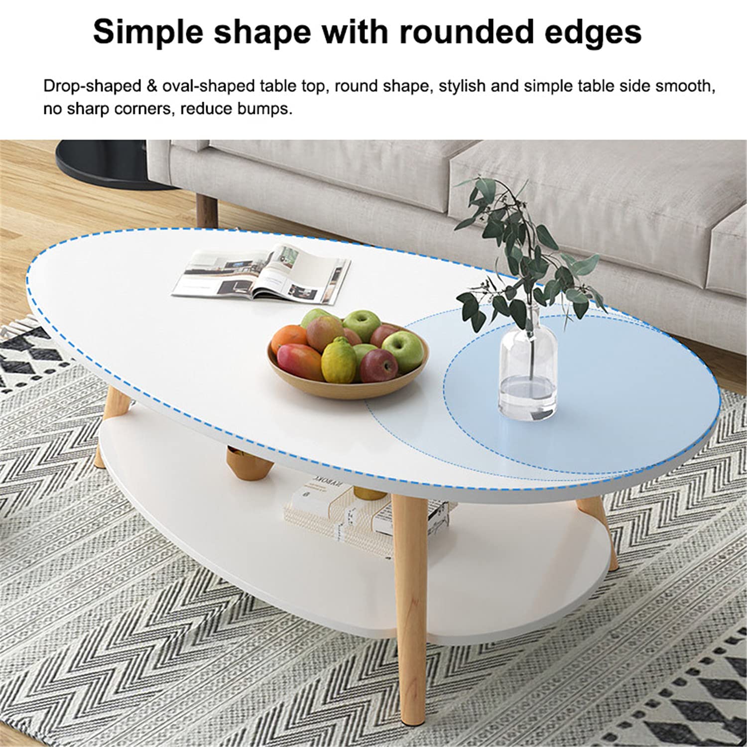 Modern Oval Coffee Table with Open Shelving - 2-Tier Wooden Sofa Table for Living Room Storage & Display | Simple Design Accent Furniture for Home Decor | Yellow Finish | Perfect for Small Spaces, Apartments & Cozy Living Areas