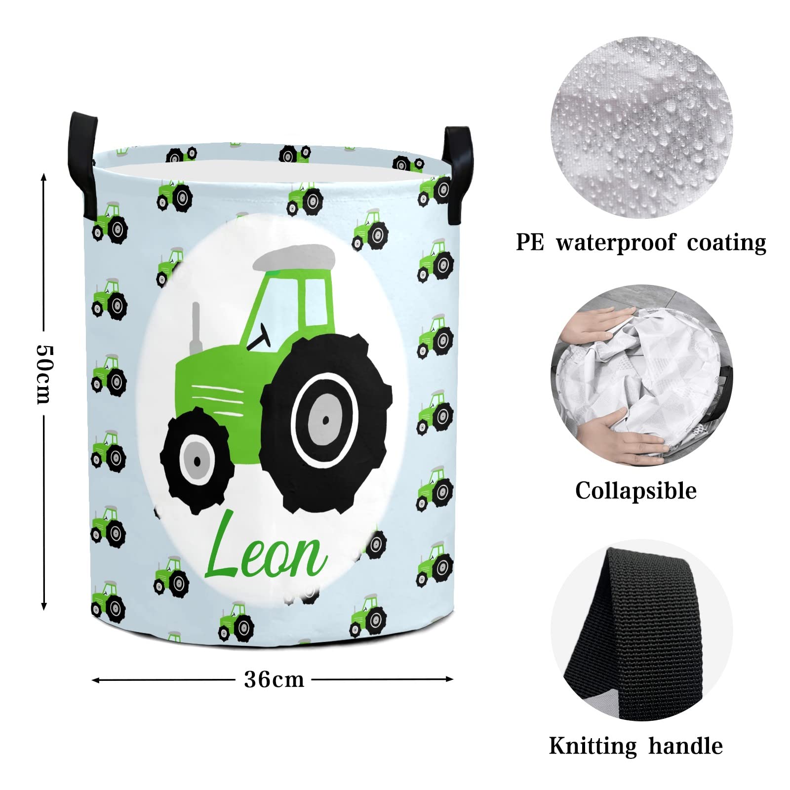 Custom Green Tractors Pattern Laundry Hamper - Personalized Name Storage Basket with Handle for Bathroom, Living Room & Bedroom | Durable Clothes Organizer for Kids Room, Nursery & College Dorm