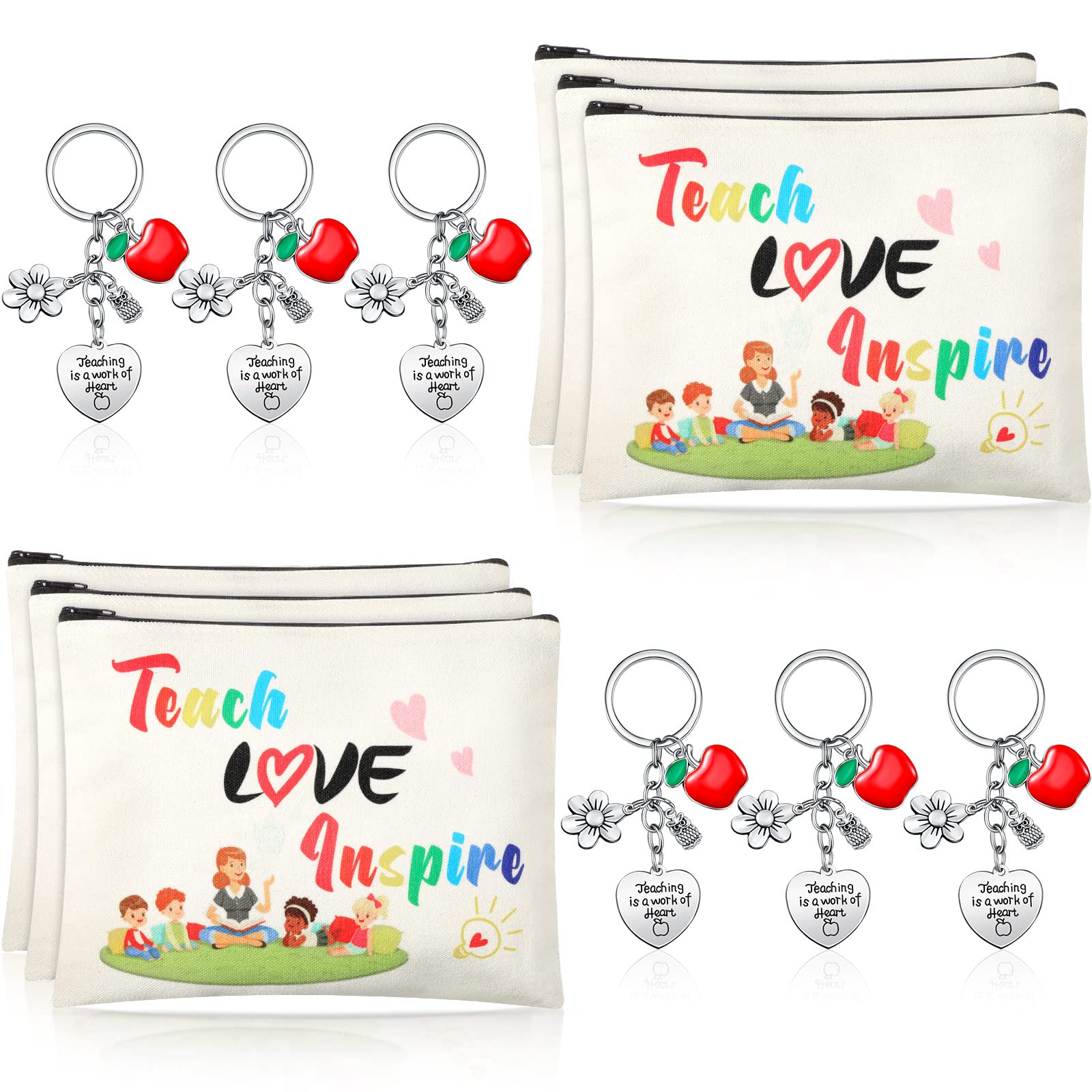 12 PCS Teacher Appreciation Gift Set - 6 Makeup Cosmetic Bags & 6 Keychains - Perfect for Teacher's Day, Valentine's Day, Graduation Gifts - Ideal for Classroom Rewards, Staff Recognition & Thank You Presents